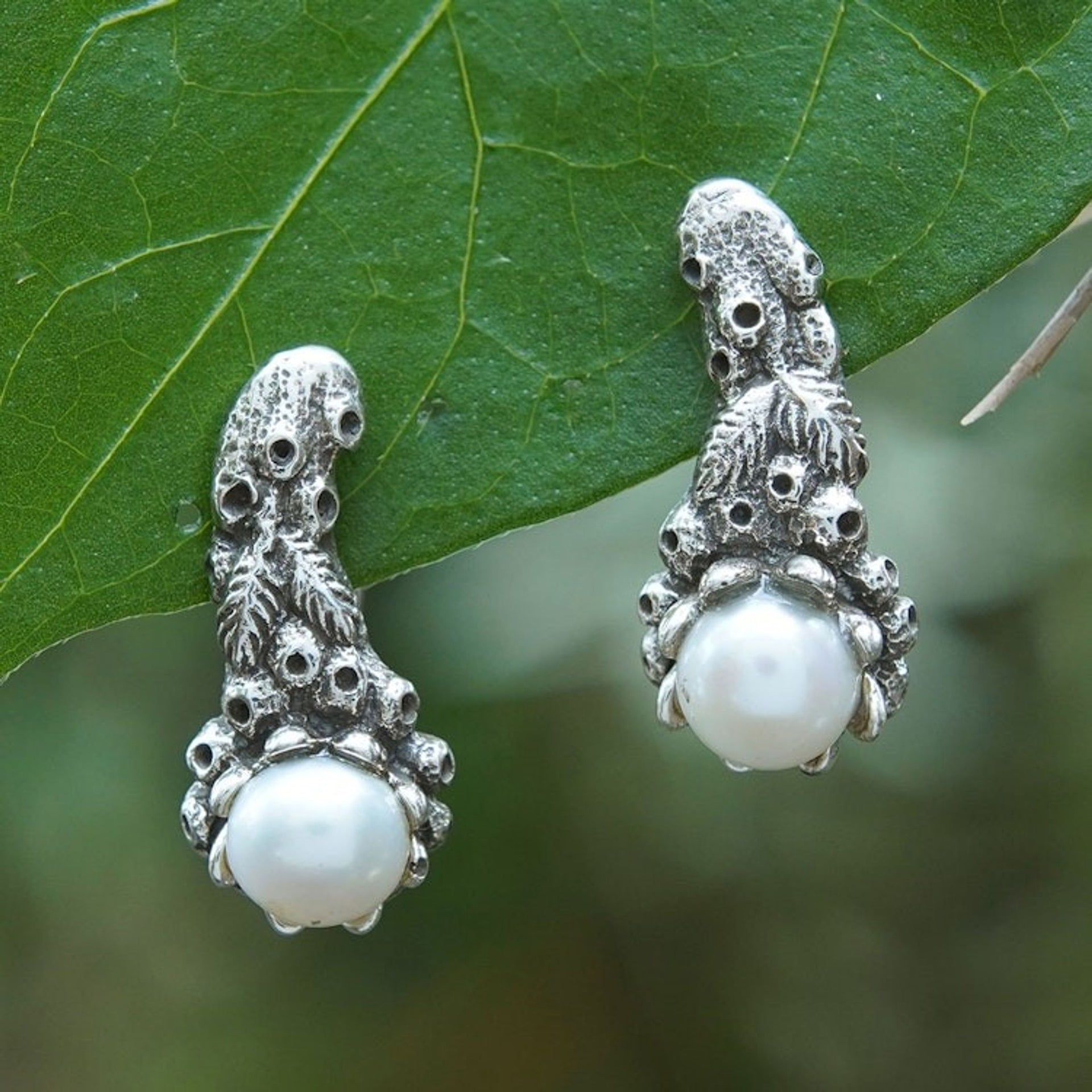 Handmade Pearl and Silver Drop Earrings 'Coral Reef'