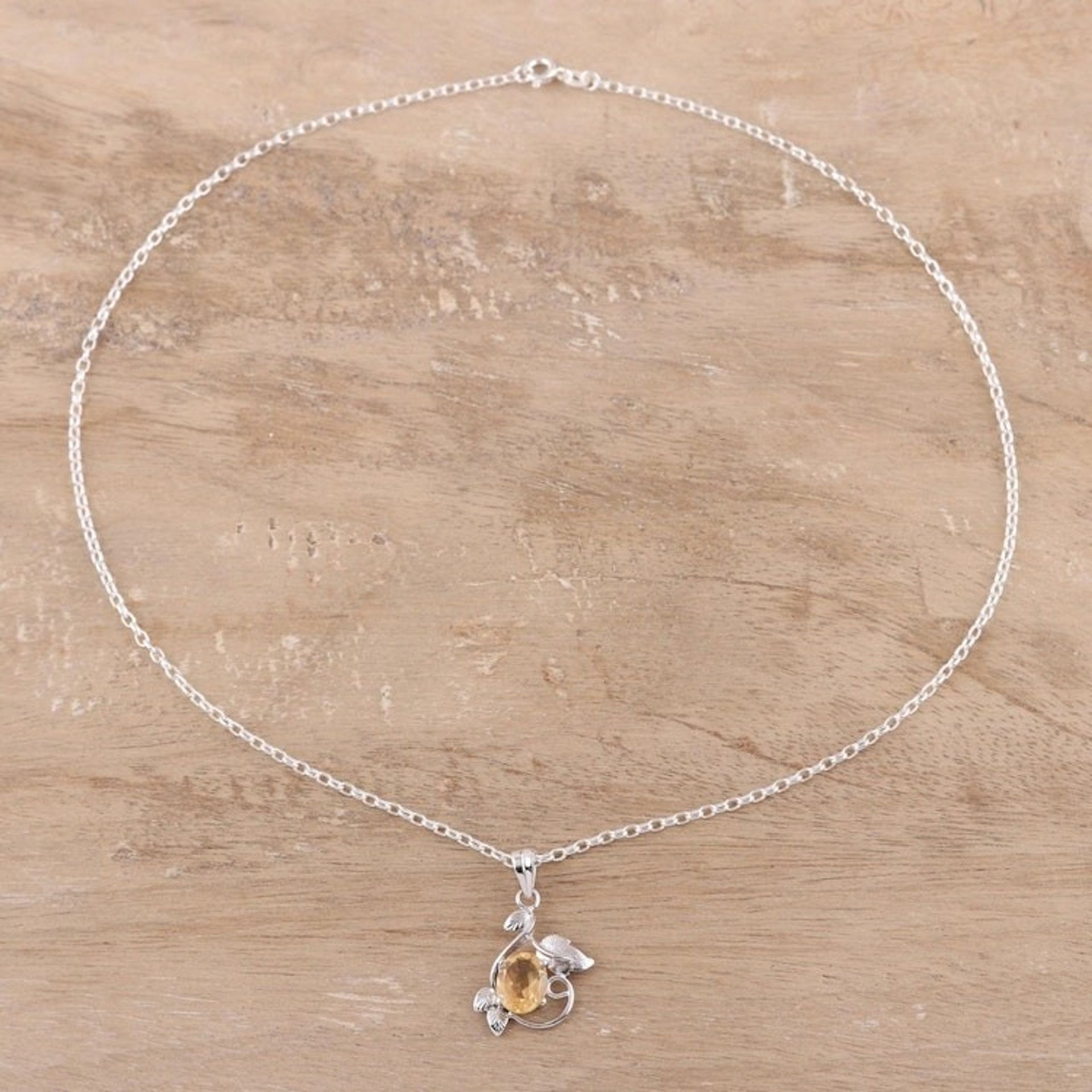 Leafy Rhodium Plated Citrine Pendant Necklace from India 'Glittering Blossom'