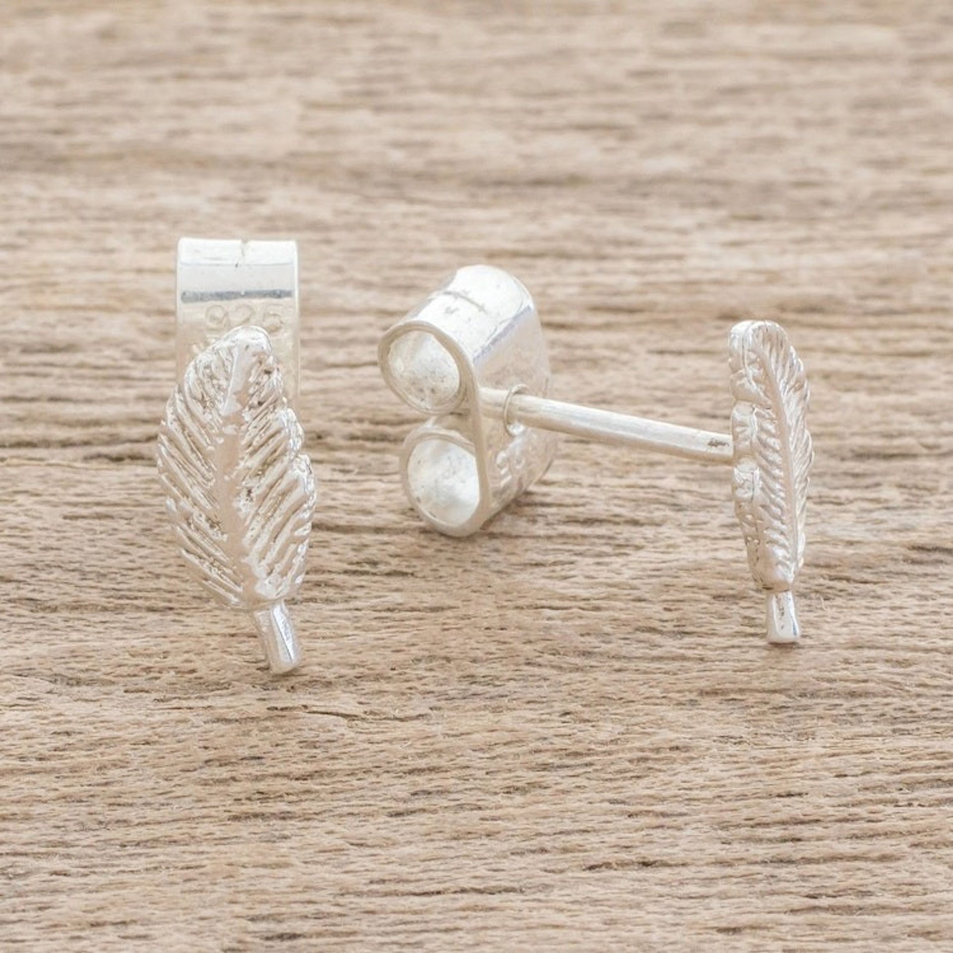 Feather-Shaped Sterling Silver Stud Earrings from Guatemala 'Amazing Leaves'