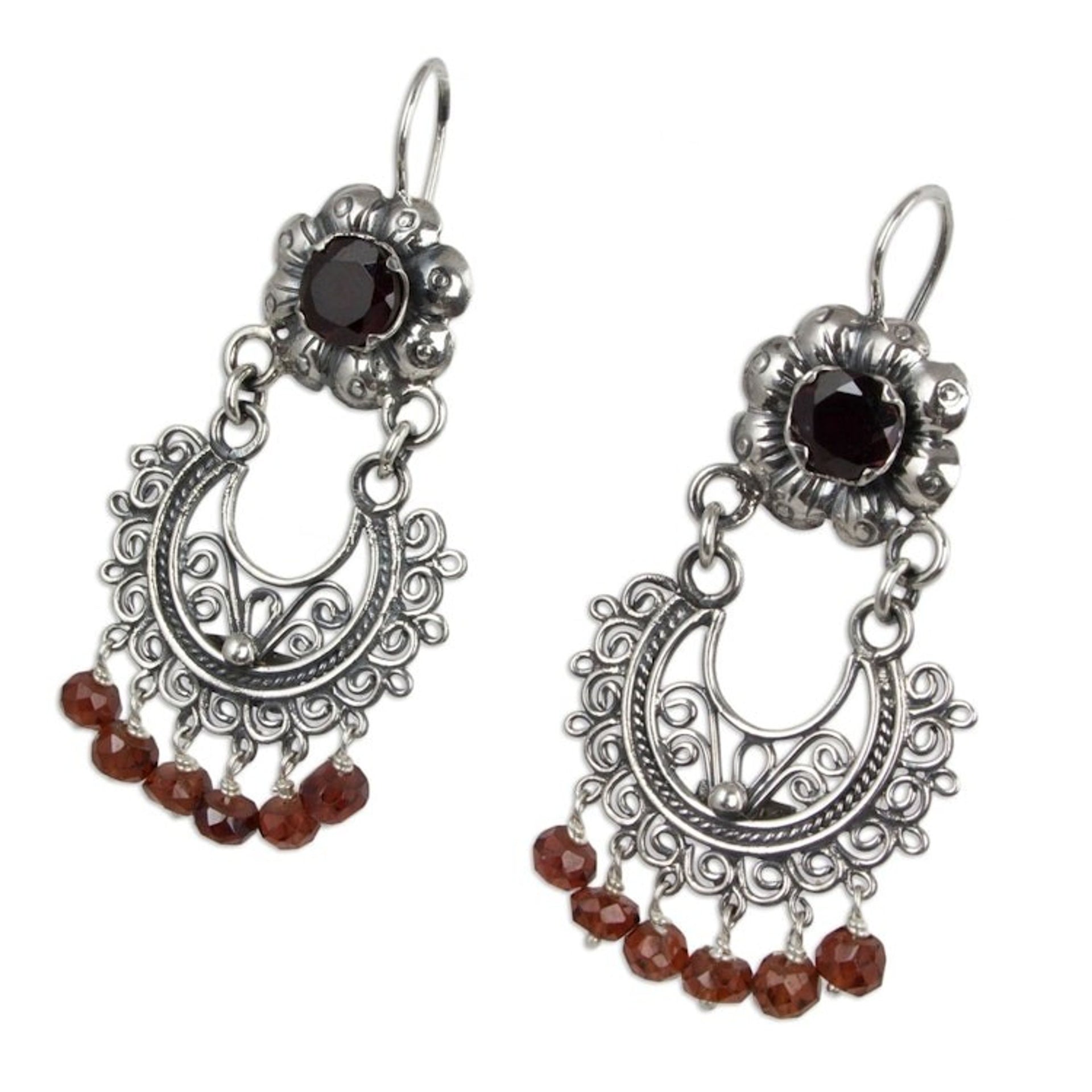 Sterling Silver Mazahua Style Garnet Chandelier Earrings 'Mazahua Lady'
