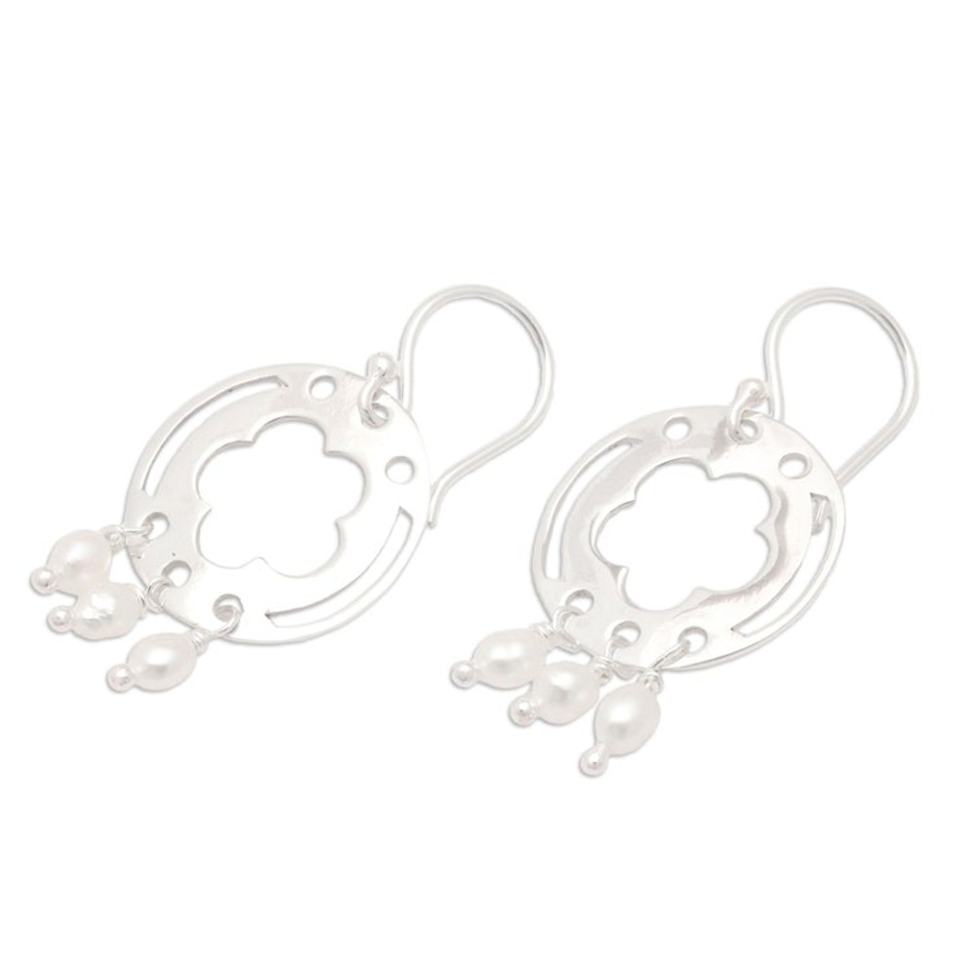 Floral Sterling Silver Dangle Earrings with Grey Pearls 'Pearly Fantasy'