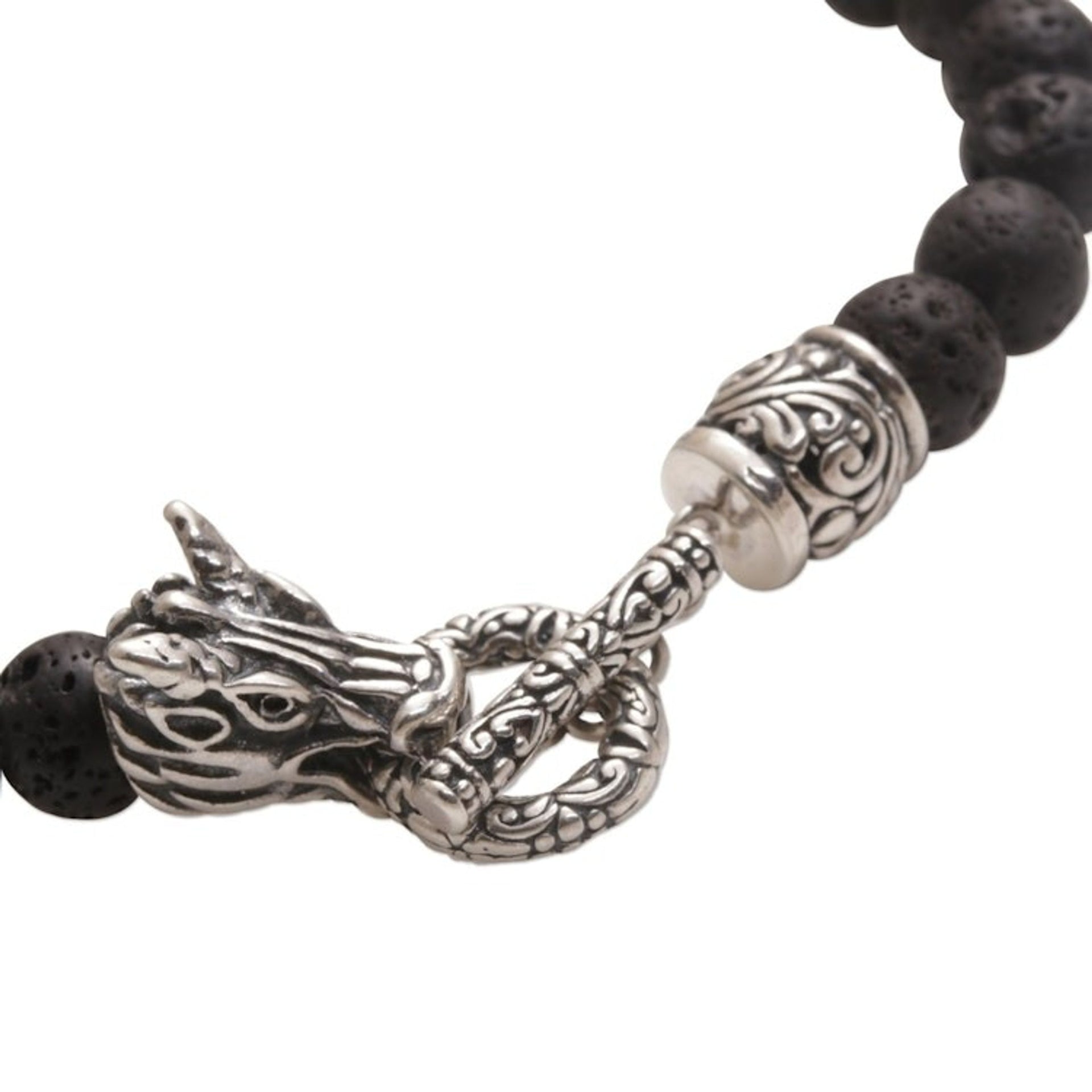 Lava Stone and 925 Silver Beaded Dragon Bracelet from Bali 'Dragon Glory'