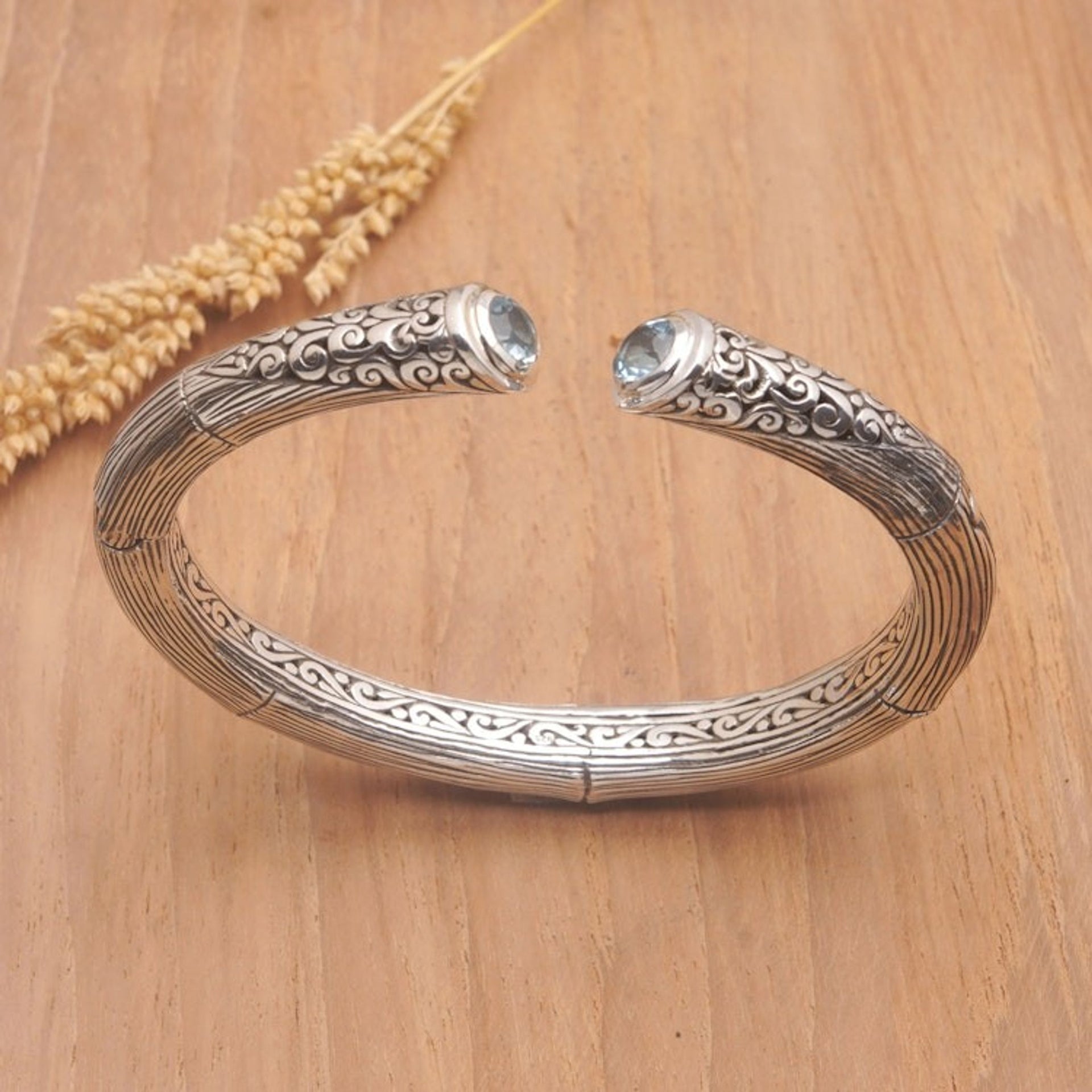 Sterling Silver Cuff Bracelet with Faceted Blue Topaz Gems 'Loyal Bali'