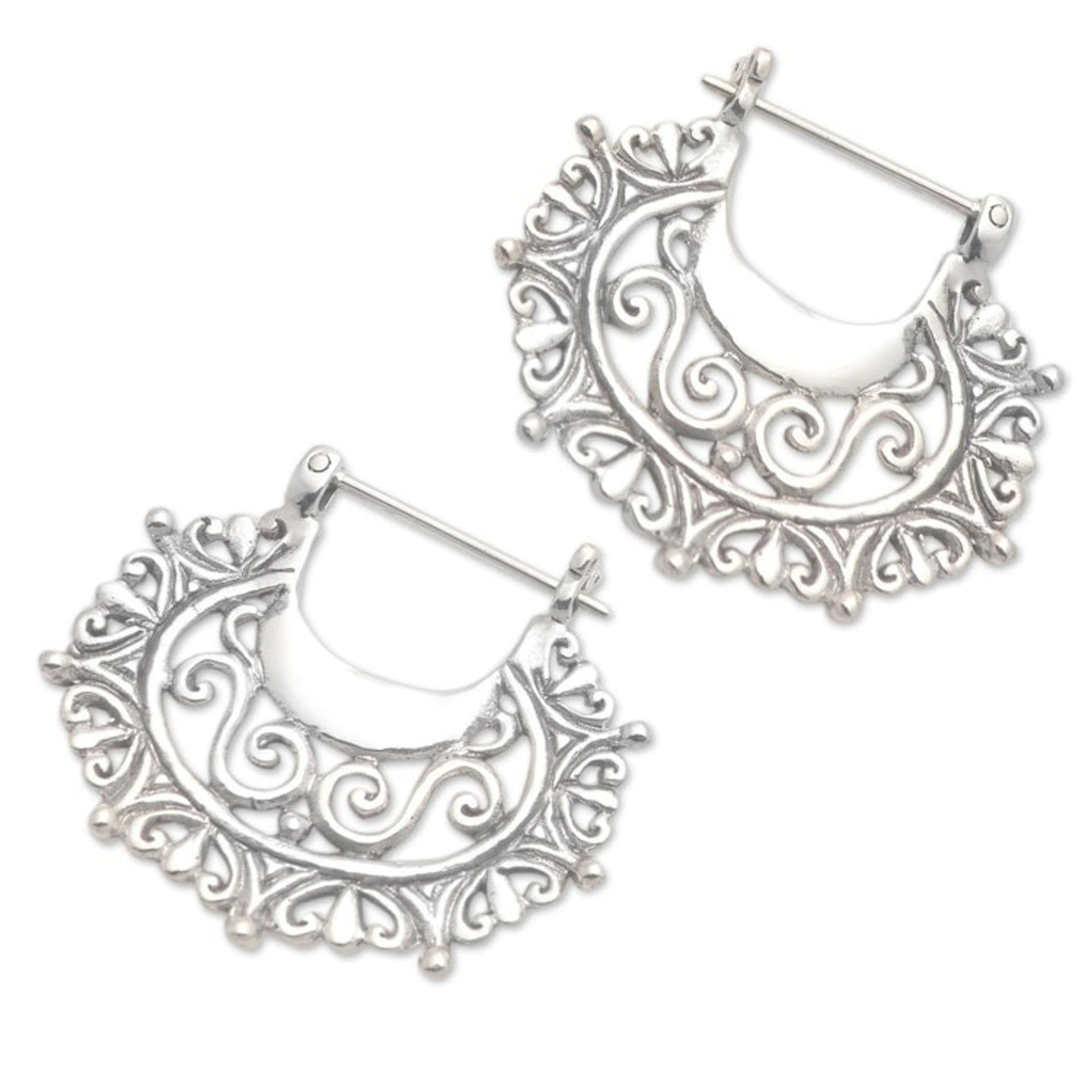 Balinese Sterling Silver Hoop Earrings 'Engraved Curves'