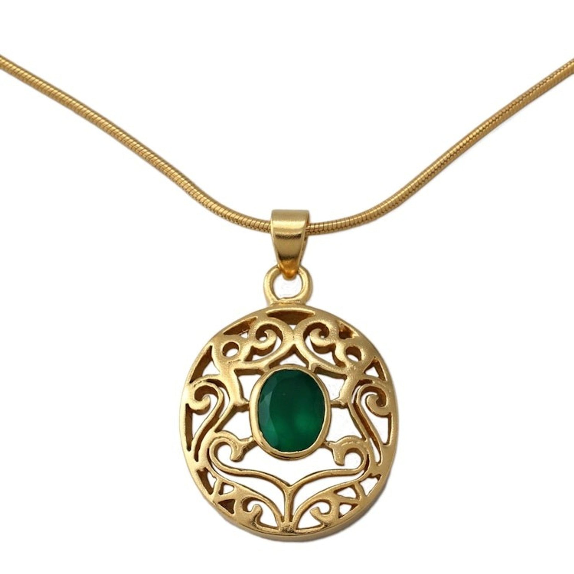 Gold Vermeil Pendant Necklace with Green Enhanced Onyx 'Golden Goddess'
