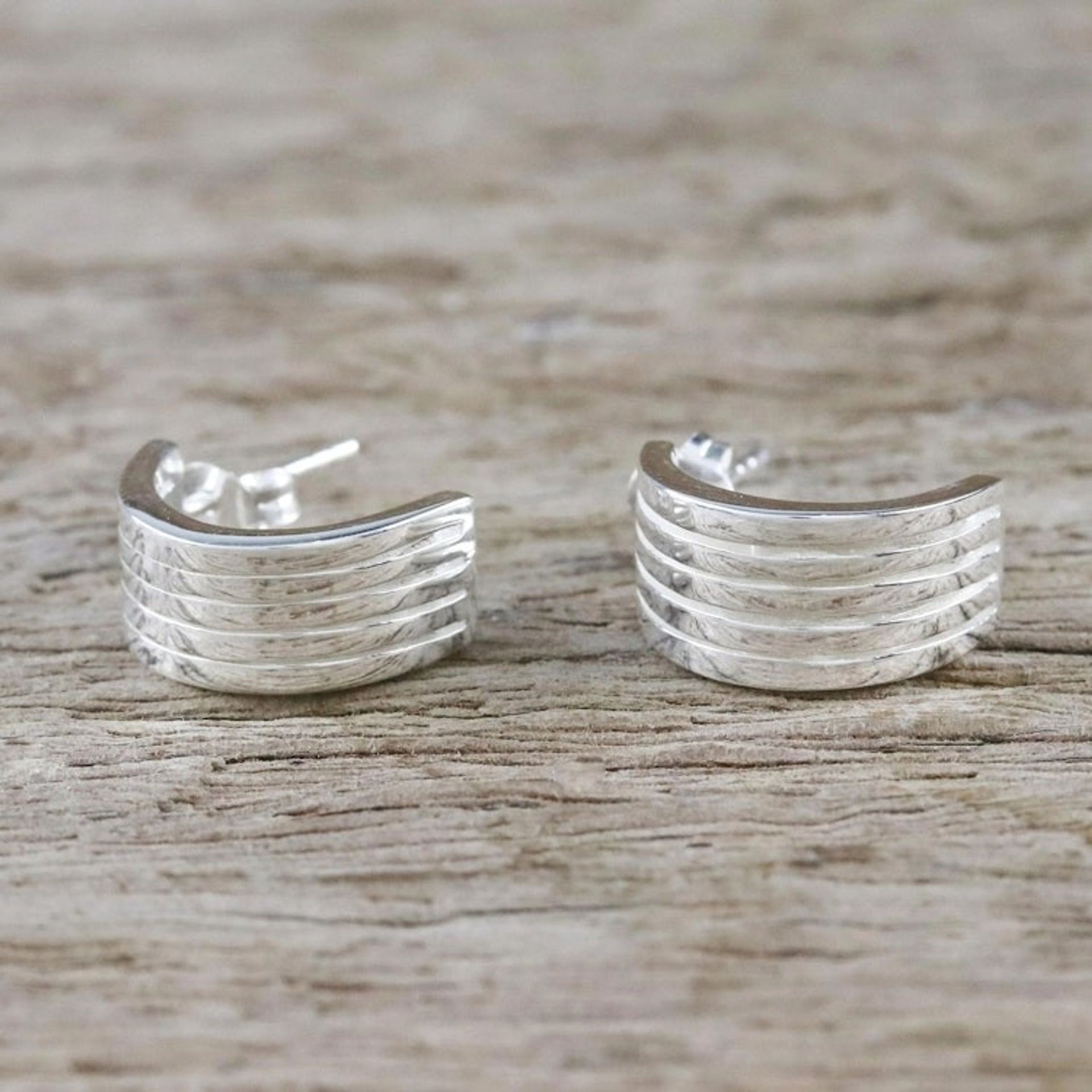 Sterling Silver Striped Half-Hoop Earrings from Thailand 'Shimmering Stripes'