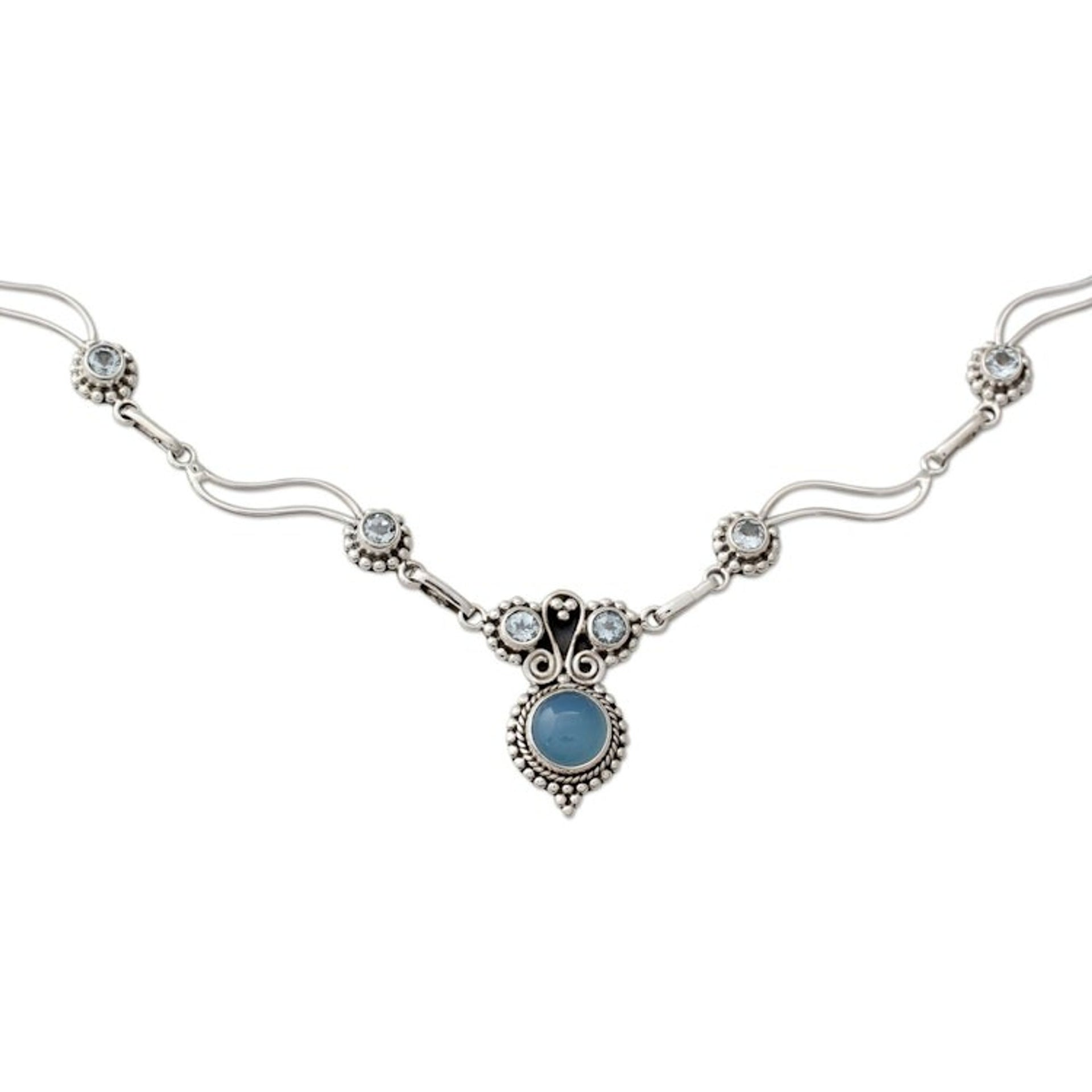 Blue Topaz and Chalcedony Silver Pendant Necklace 'Celestial Trail'