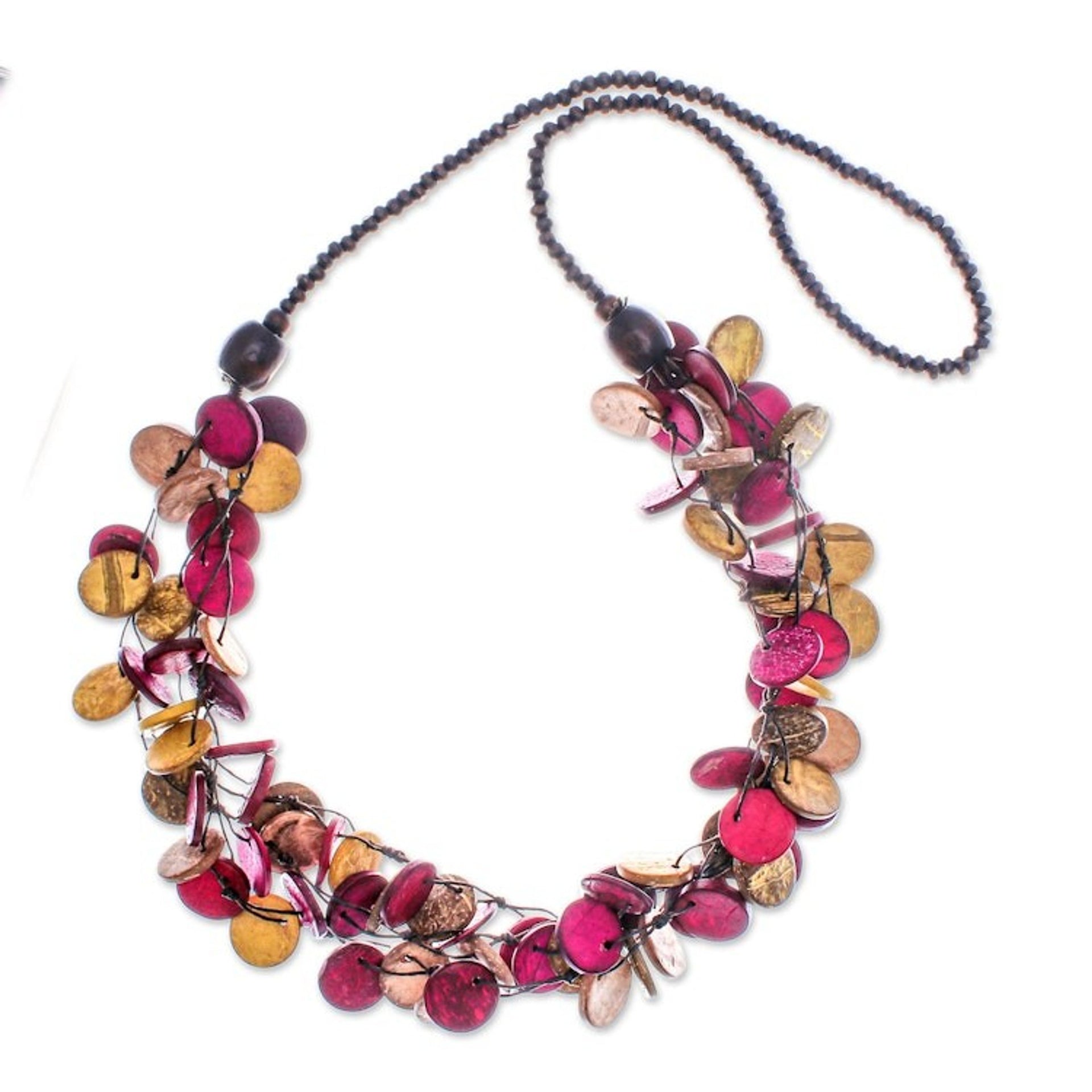 Fuchsia and Golden Round Wood Beaded Three-Strand Necklace 'Cycles of Tenderness'