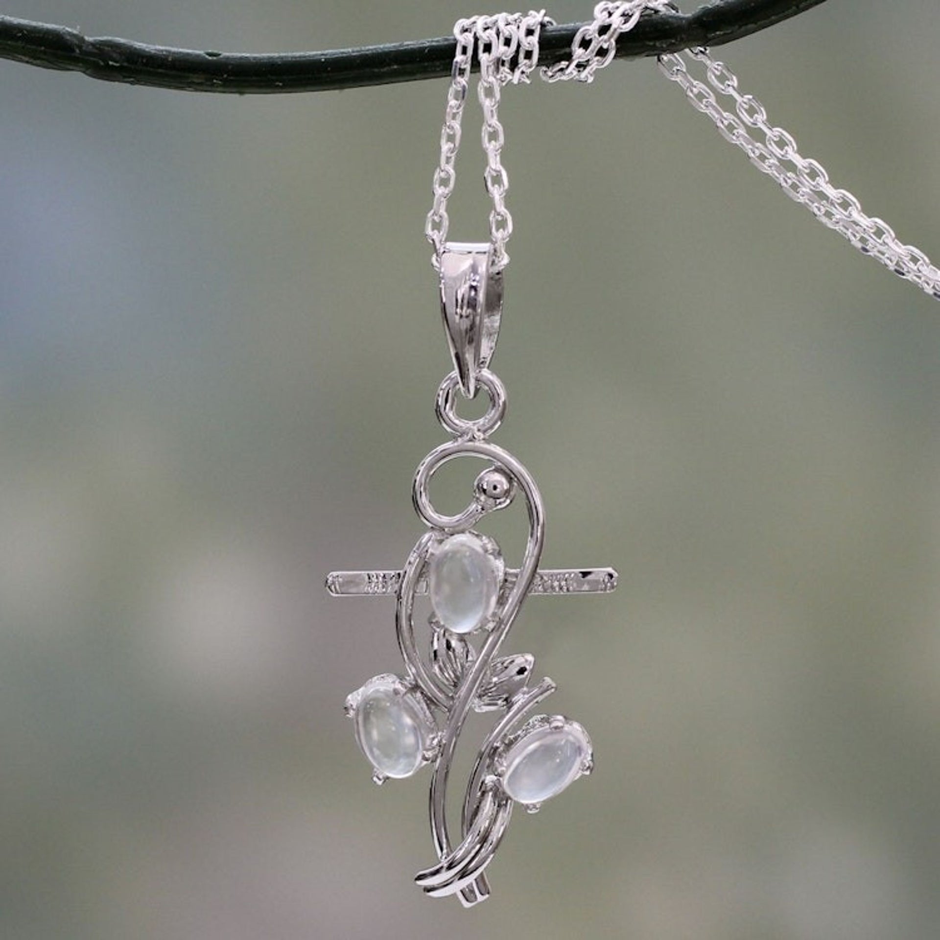 Handmade Silver Cross Necklace with Moonstones 'Blessed Trinity'