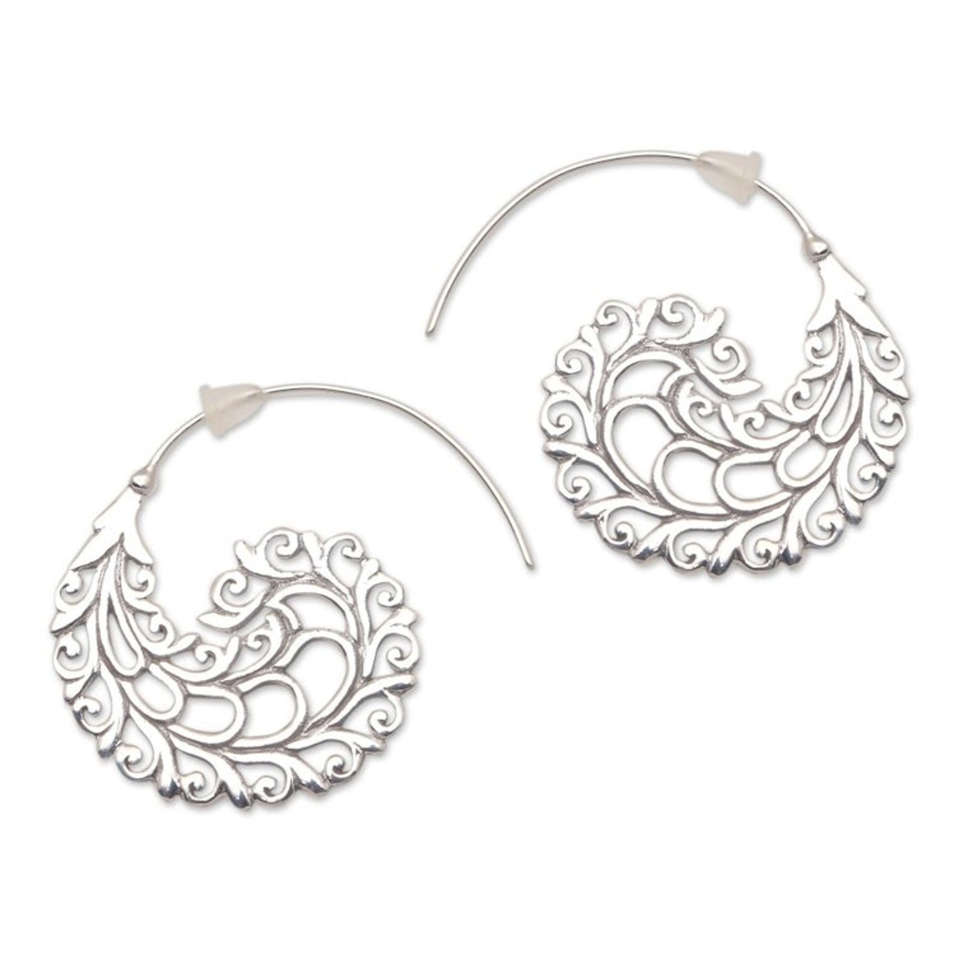 Vine Pattern Sterling Silver Half-Hoop Earrings from Bali 'Romantic Vines'