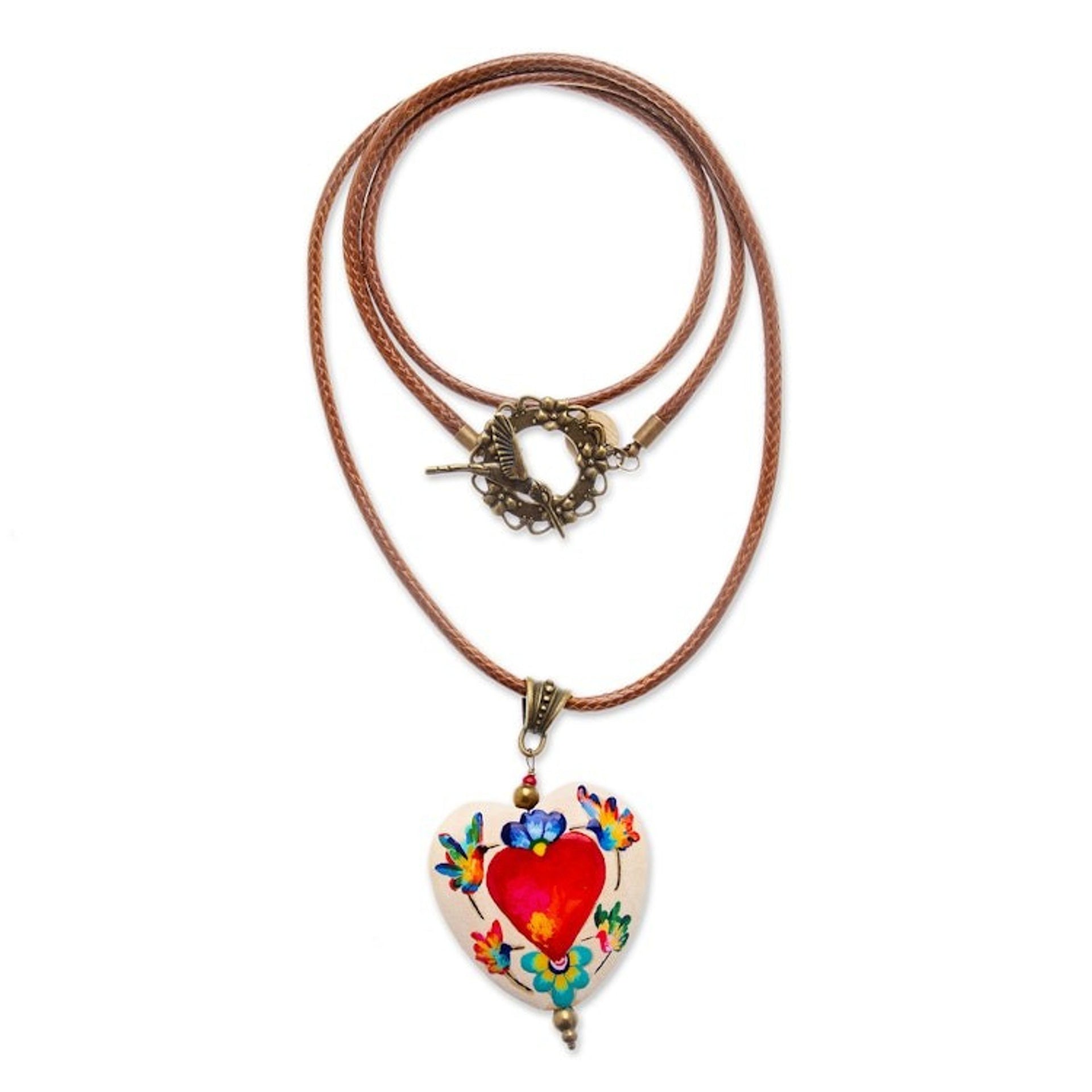 Hand-Painted Romantic Pinewood Pendant Necklace 'Passionate Realm'