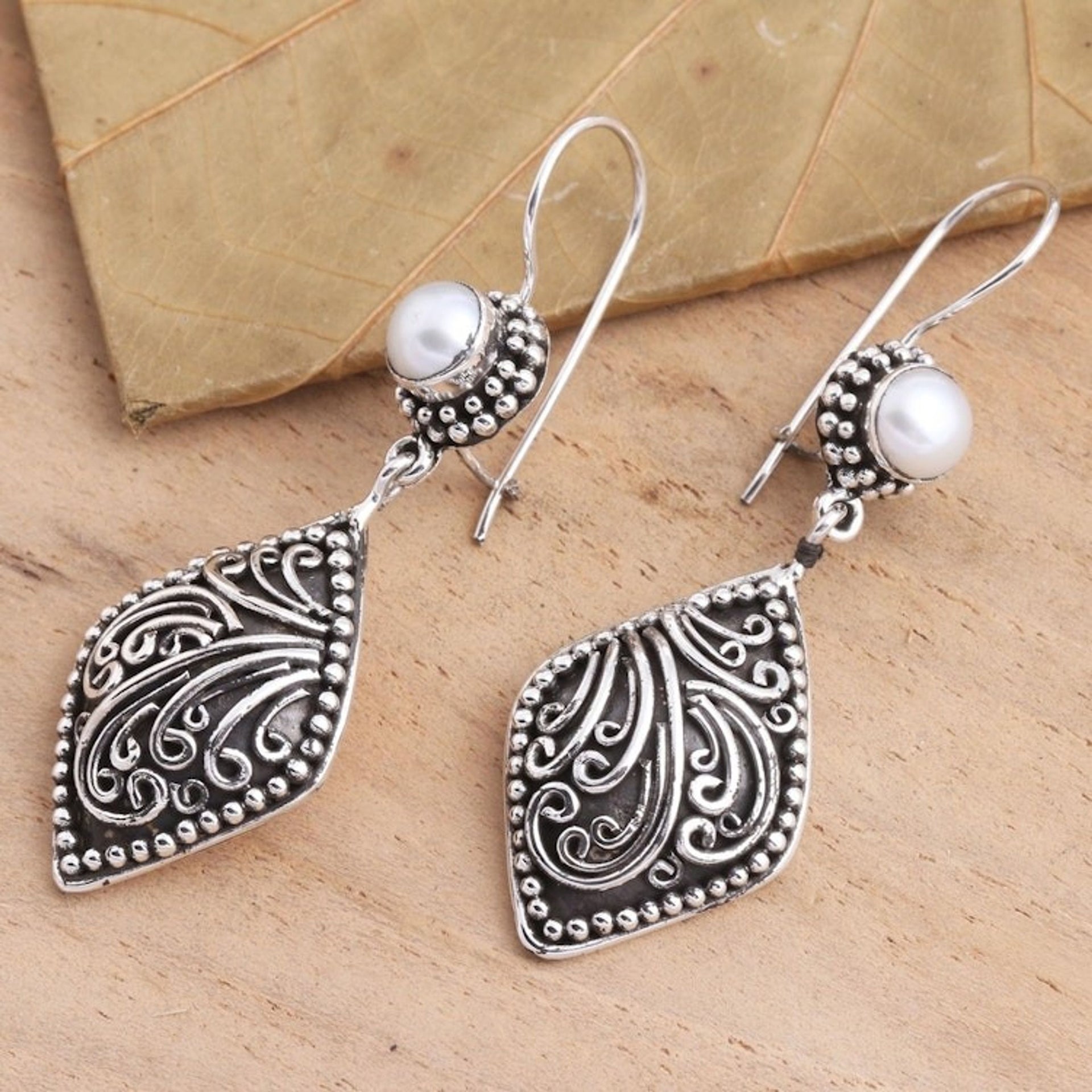 Handmade Sterling Silver Pearl Dangle Earrings 'Curving Tendrils'