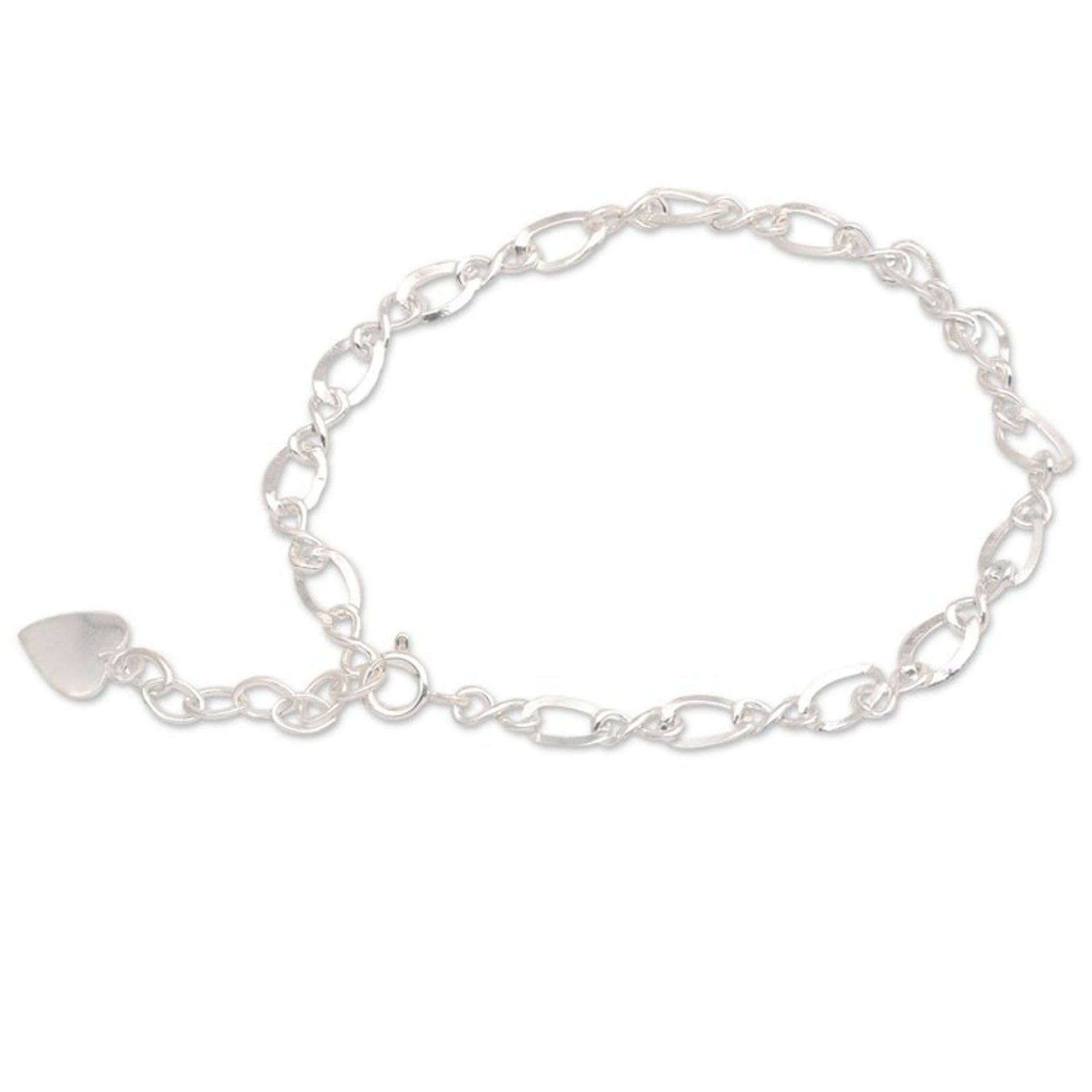Romantic Sterling Silver Link Bracelet with Heart Charm 'You and Romantic Me'