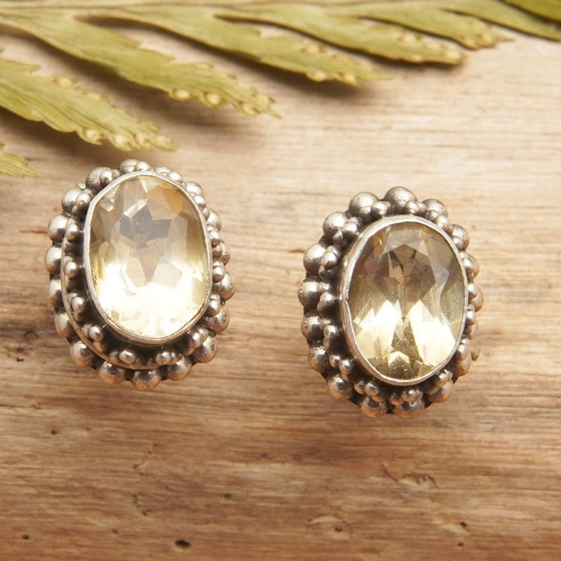 Sterling Silver Stud Earrings with Oval Citrine Gems 'Yellow Maiden'