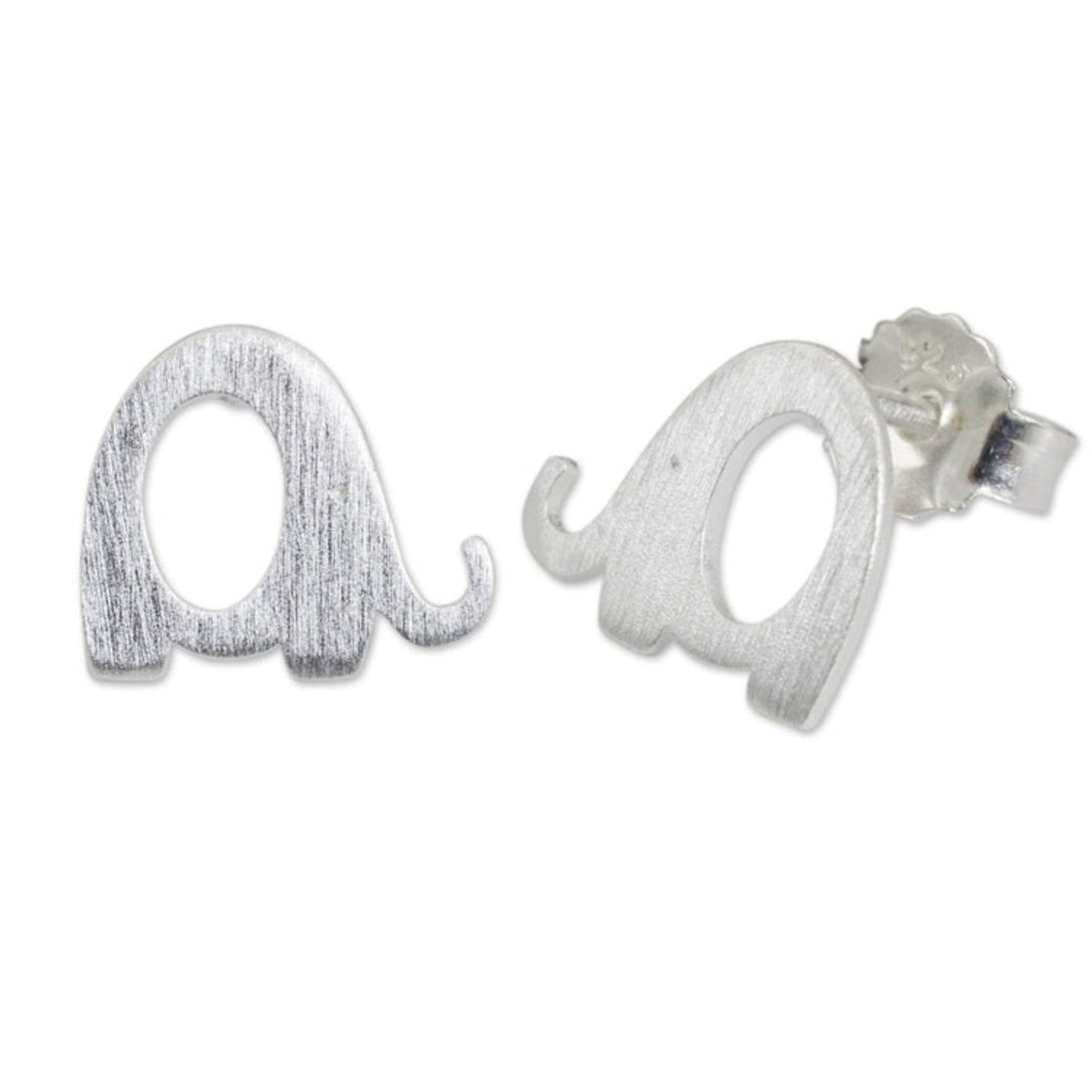 Brushed Silver Elephant Stud Earrings from Thai Artisan 'Tiny Elephants'