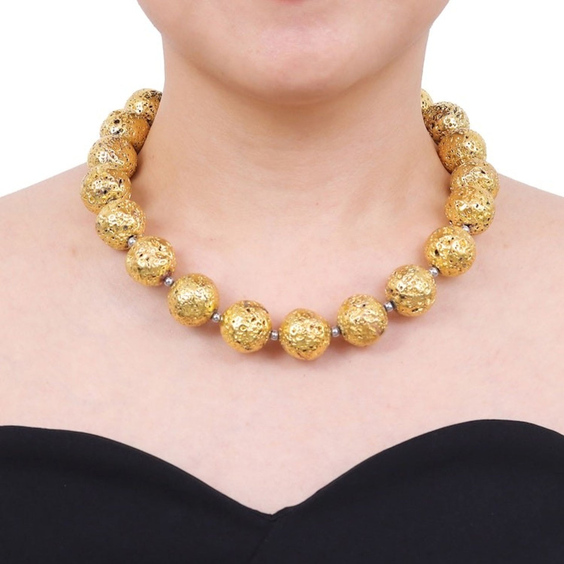 Gold-Toned Lava Stone and Hematite Beaded Necklace 'Blazing Golden'