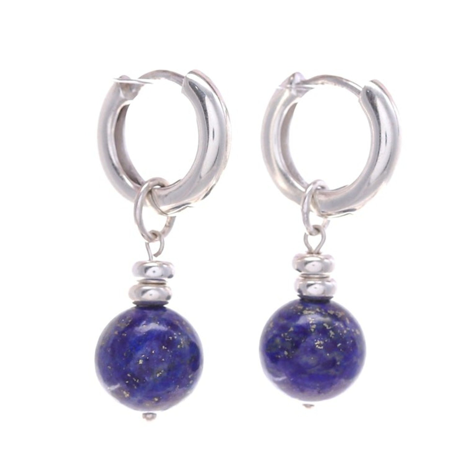 Sterling Silver Hoop Earrings with Lapis Lazuli Stones 'Shining Allure'
