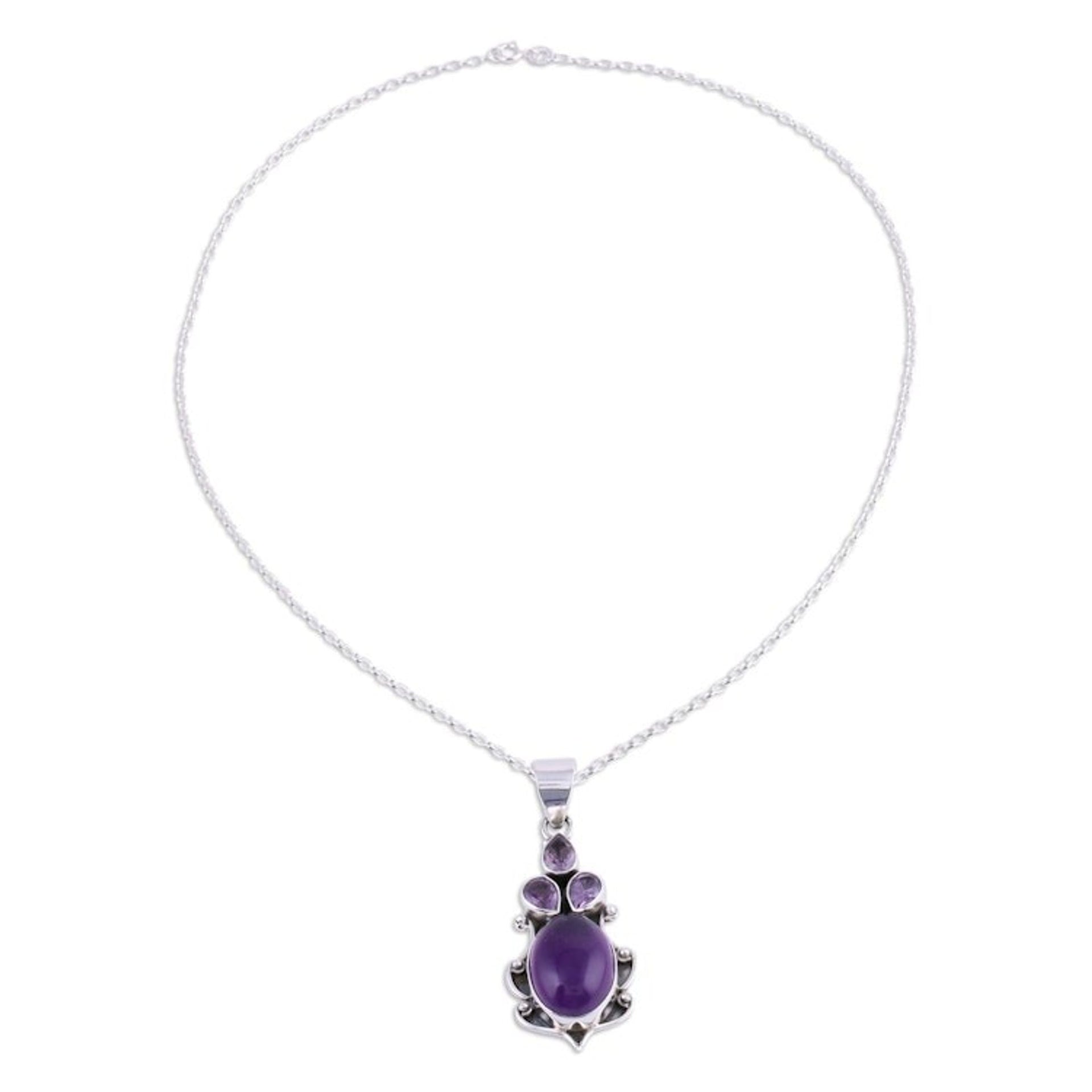 Amethyst and Sterling Silver Pendant Necklace from India 'Desirous Elegance'
