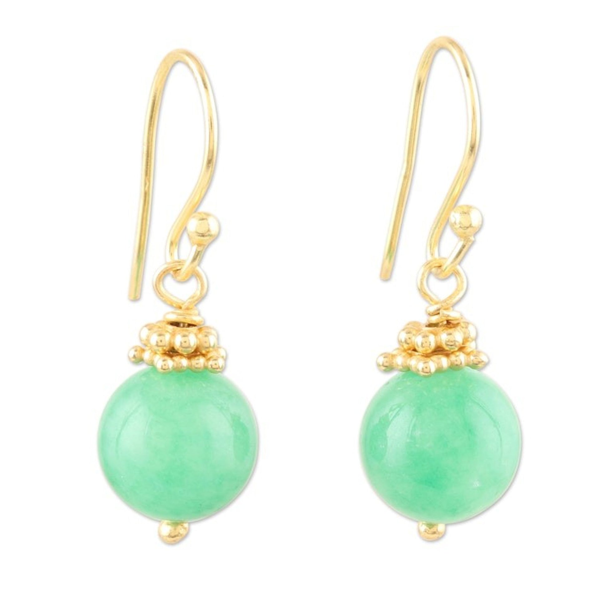 22k Gold-Plated Beaded Green Jade Dangle Earrings from India 'Green Orb'