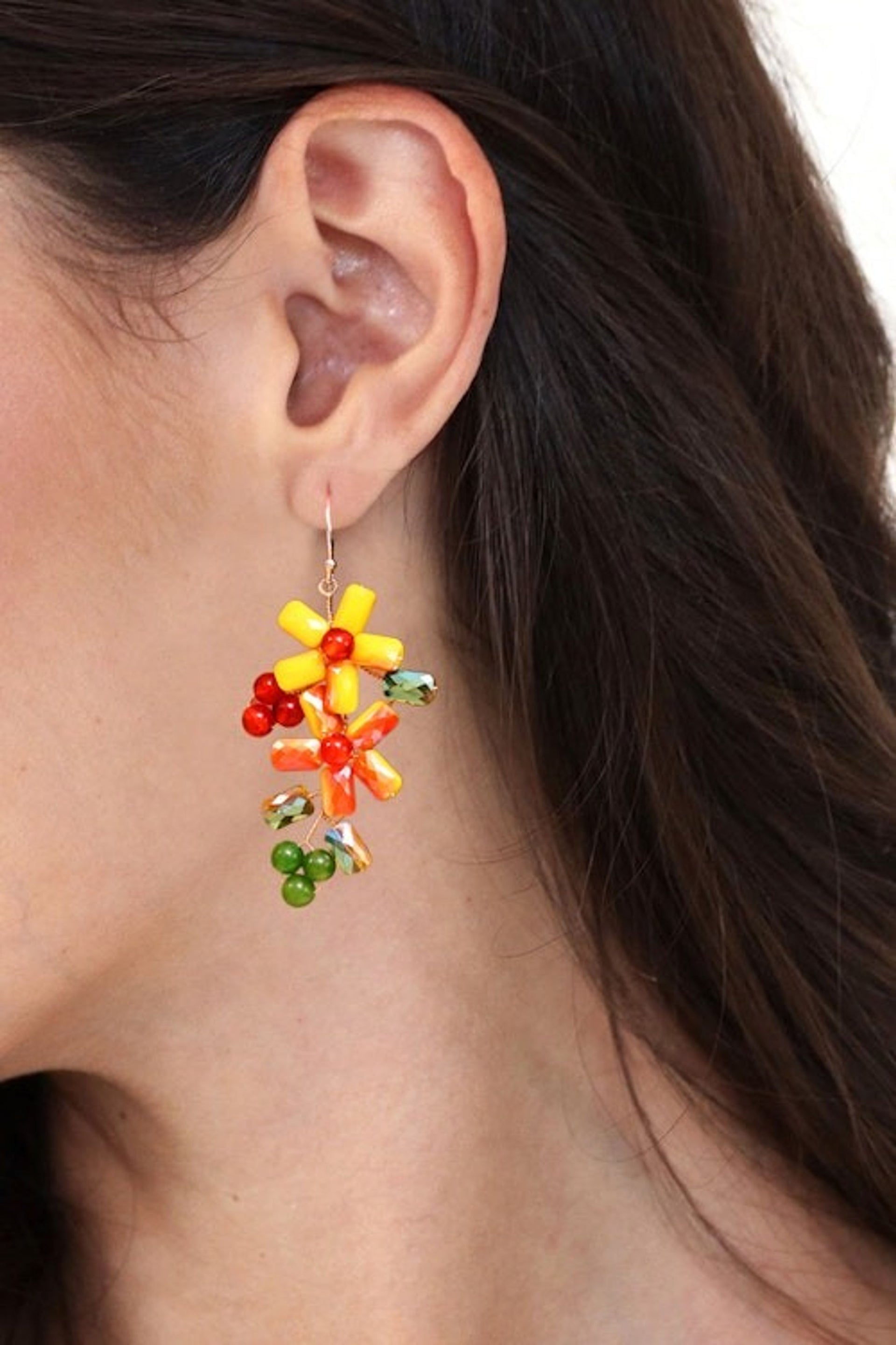 Floral Quartz and Glass Beaded Dangle Earrings from Thailand 'Solar Spring'