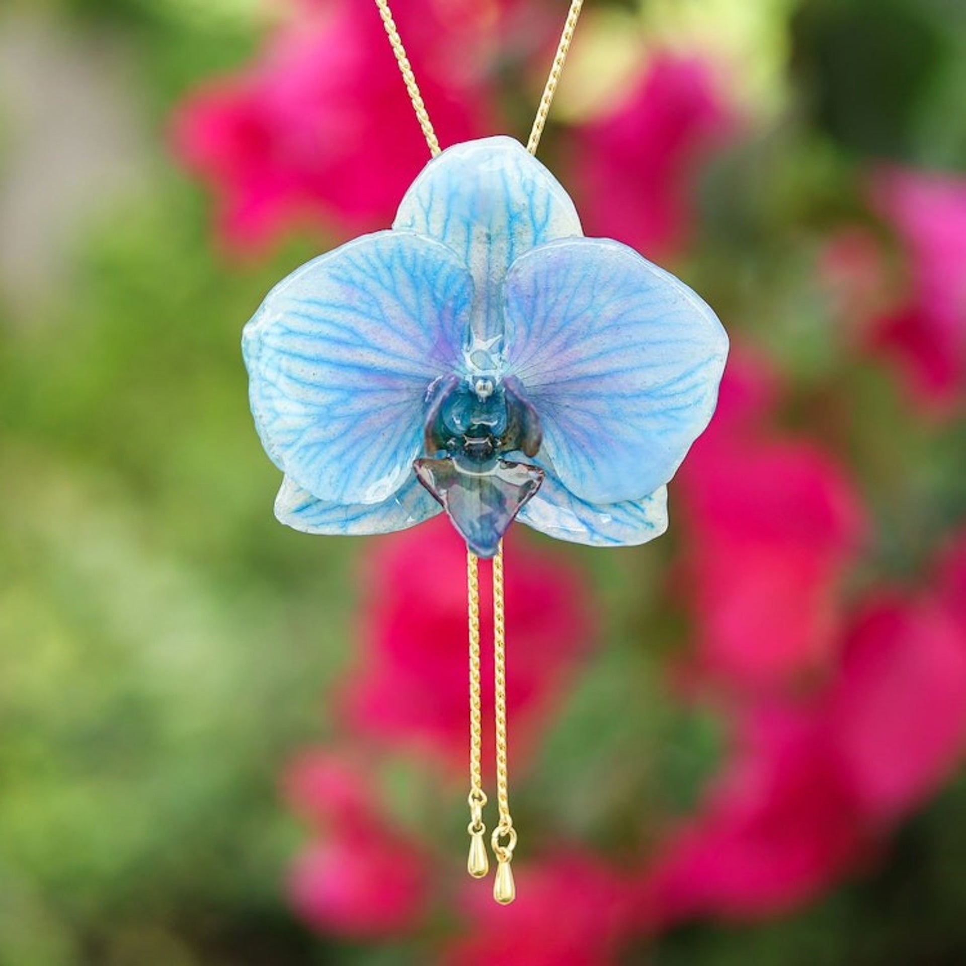 22k Gold-Accented Lariat Necklace with Natural Blue Orchid 'Winter Fantasy'