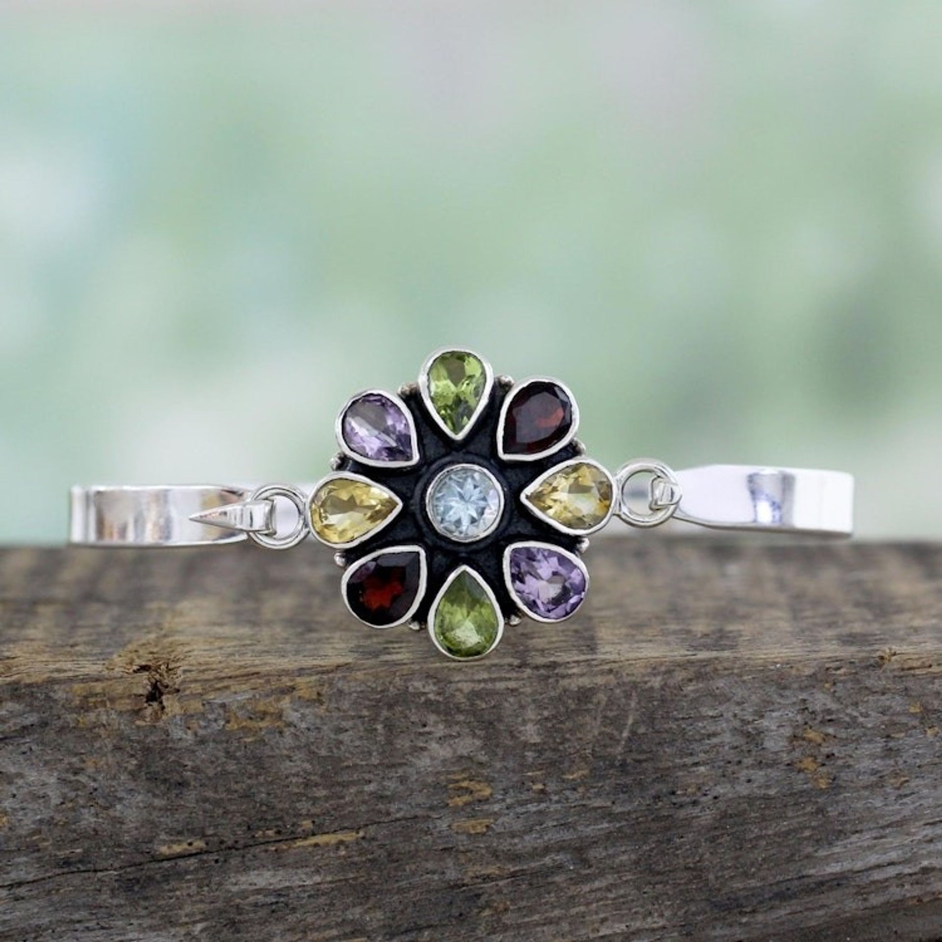 Artisan Crafted Floral Multi-Gemstone Silver Bangle Bracelet 'Floral Emblem'
