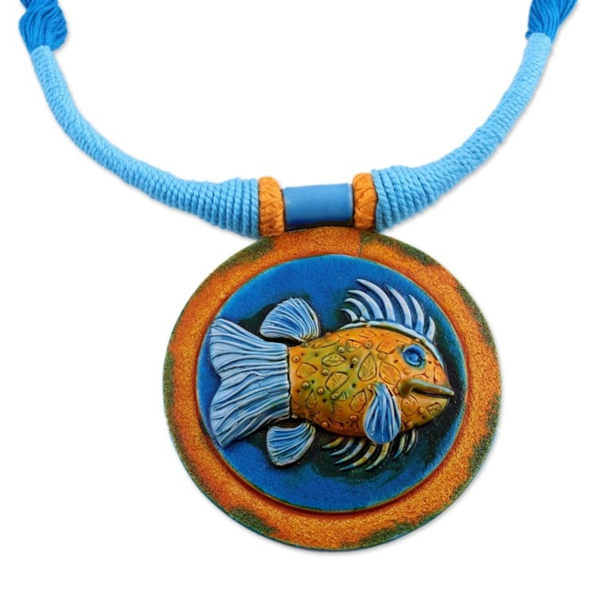 Ceramic and Cotton Fish Pendant Necklace in Blue from India 'Blue Angler'