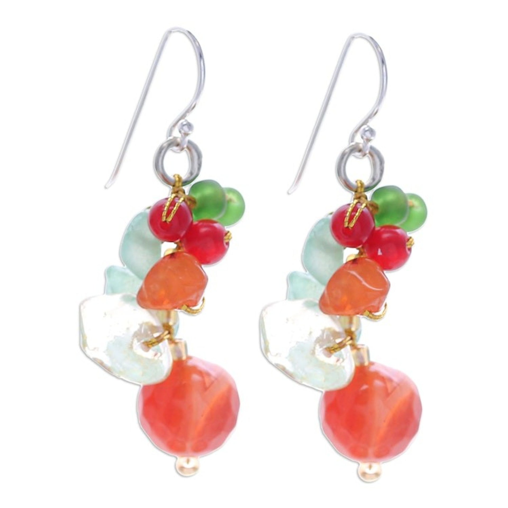 Chalcedony Citrine Quartz and Glass Beaded Cluster Earrings 'Orange and Green Glam'