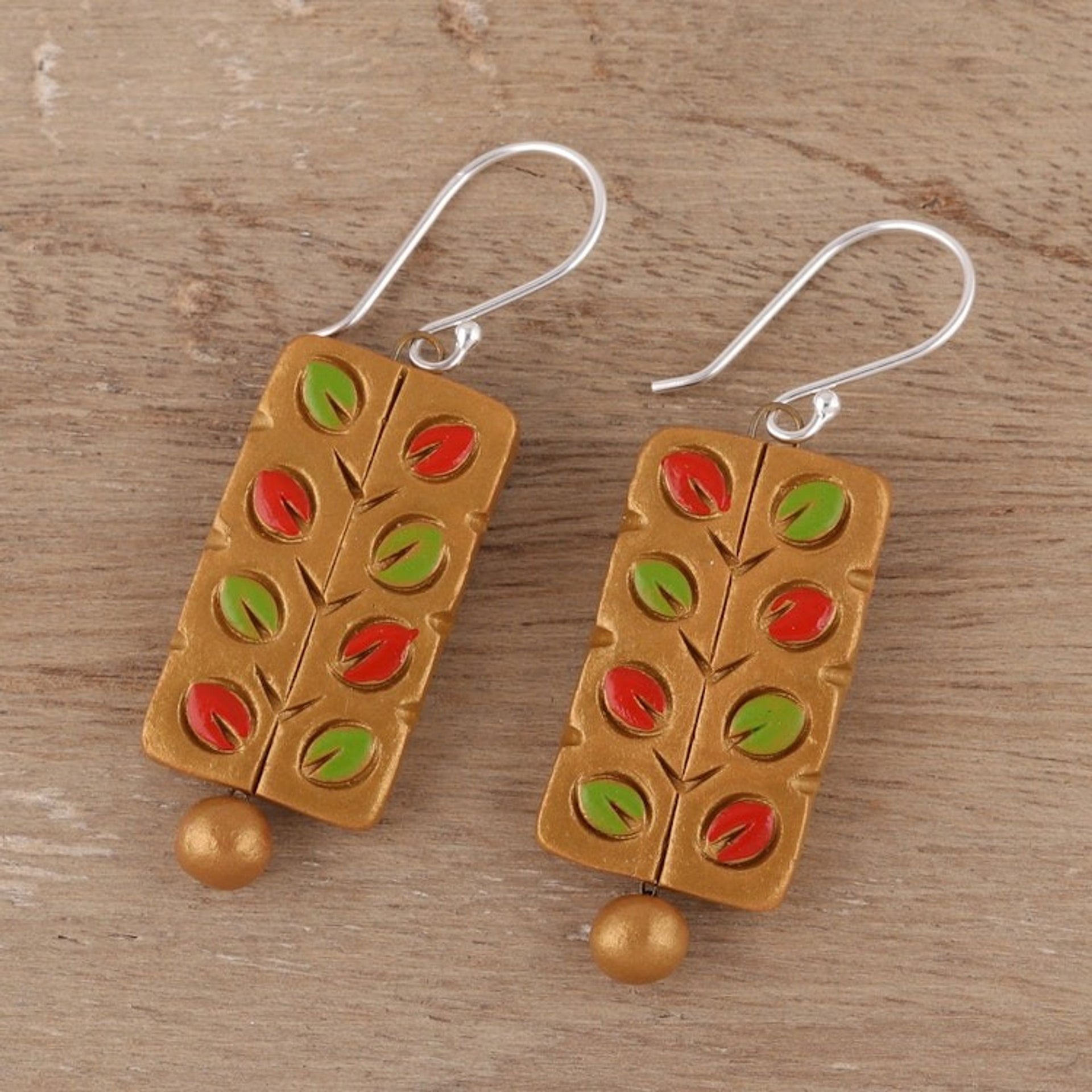 Hand Painted Ceramic Dangle Earrings with Leaf Motifs 'Colorful Branches'
