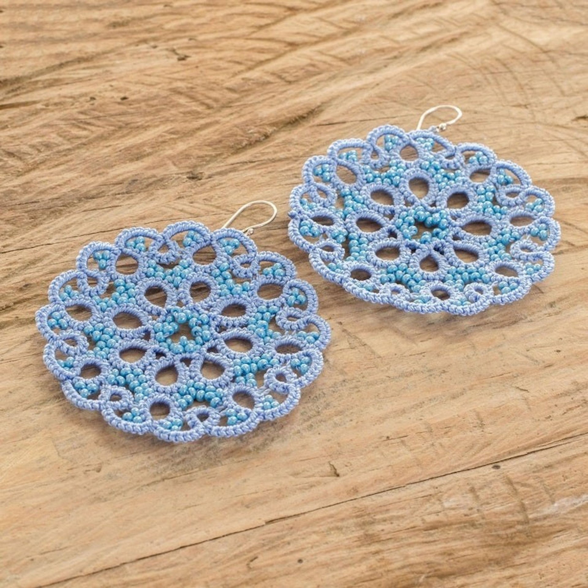 Hand-Tatted Blue Dangle Earrings with Glass Beads 'Life Harmony in Blue'