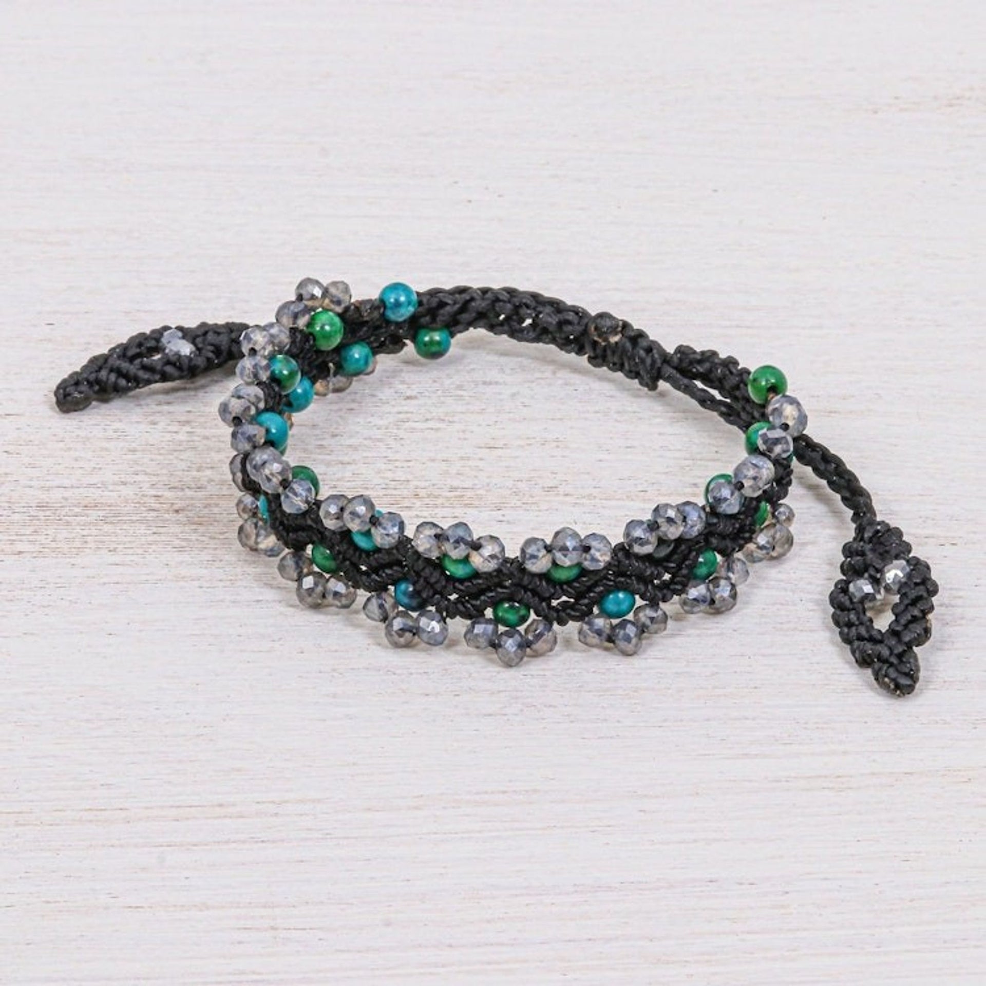 Serpentine Beaded Cord Bracelet with Sliding Knot 'Shiny Forest in Black'
