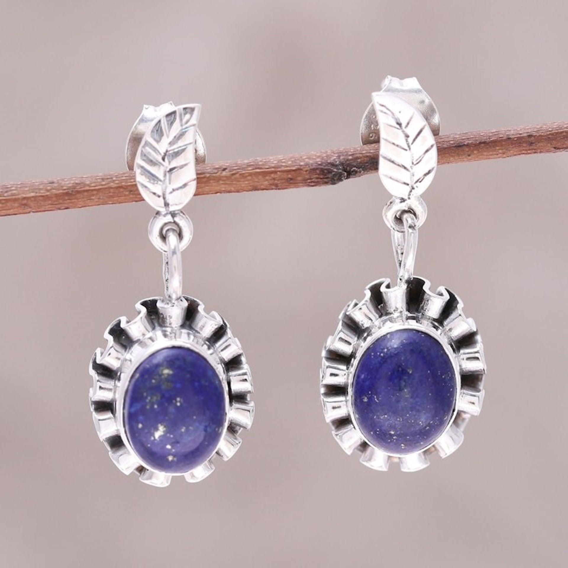 Lapis Lazuli and Sterling Silver Flower Dangle Earrings 'Blue Ribbon Flower'