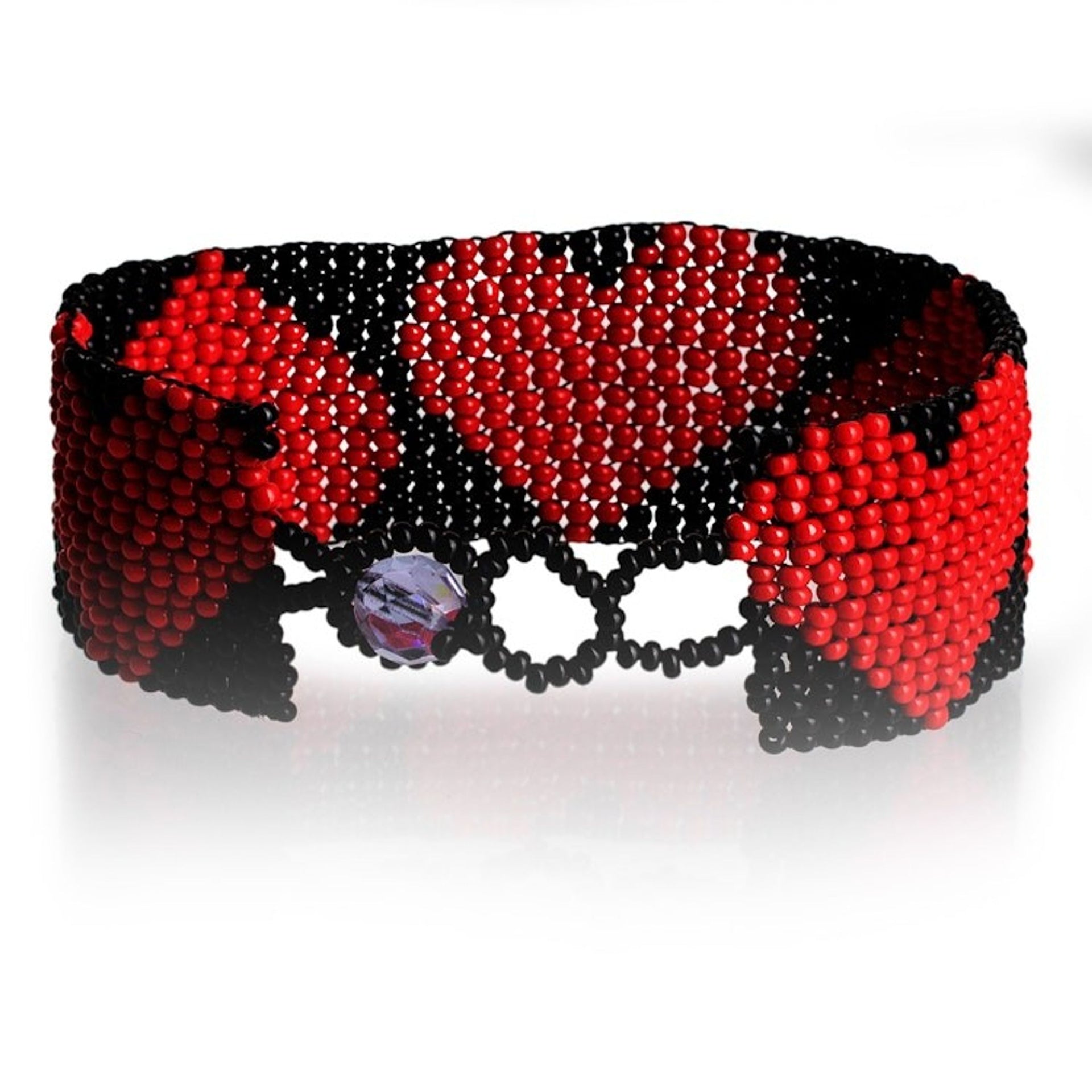 Handcrafted Black Red Beaded Heart-Themed Wristband Bracelet 'Red Empress of Love'