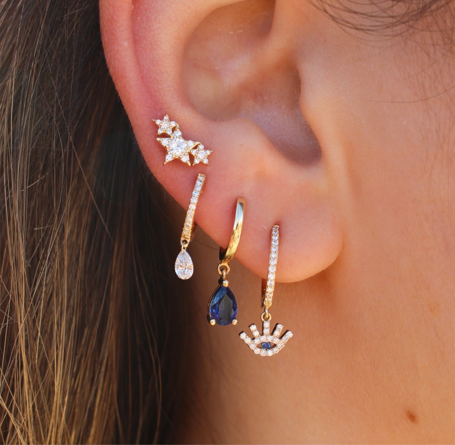 Gold Diamond Evil Eye Blue Sapphire Drop Hoop Earring