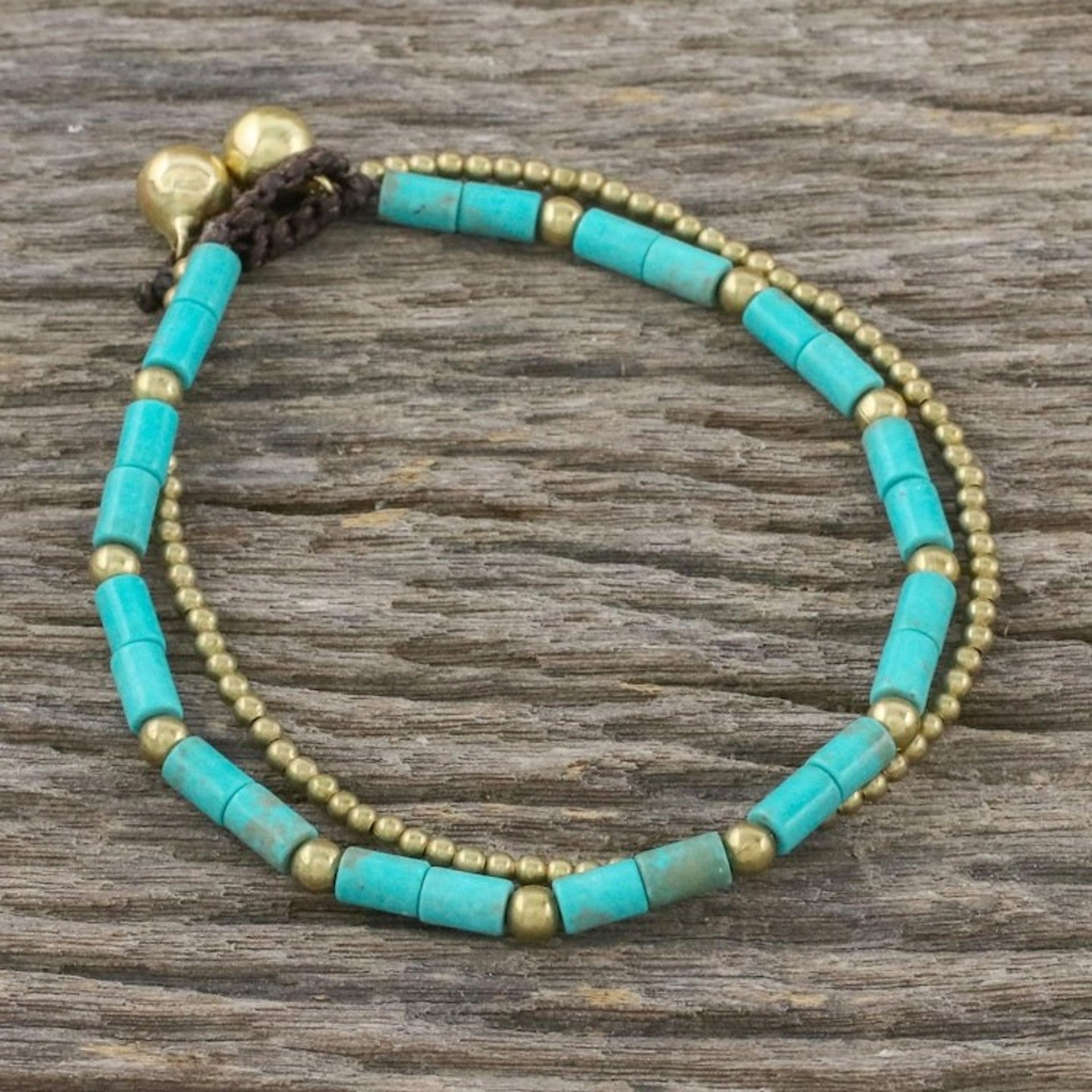 Blue-Green Calcite and Brass Double Stand Beaded Bracelet 'Calm Seas'