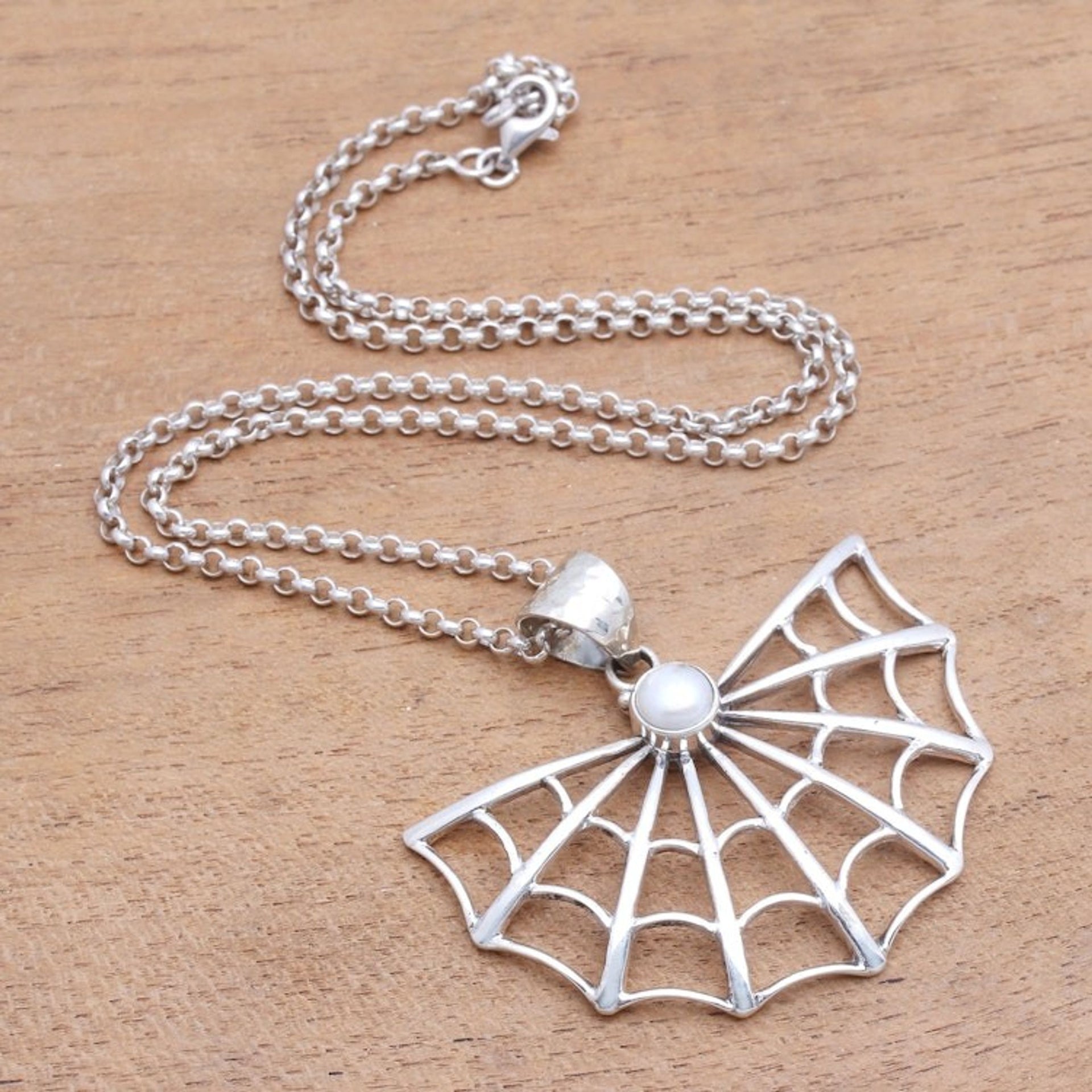 Cultured Pearl Spider Web Pendant Necklace from Bali 'Glowing Web'