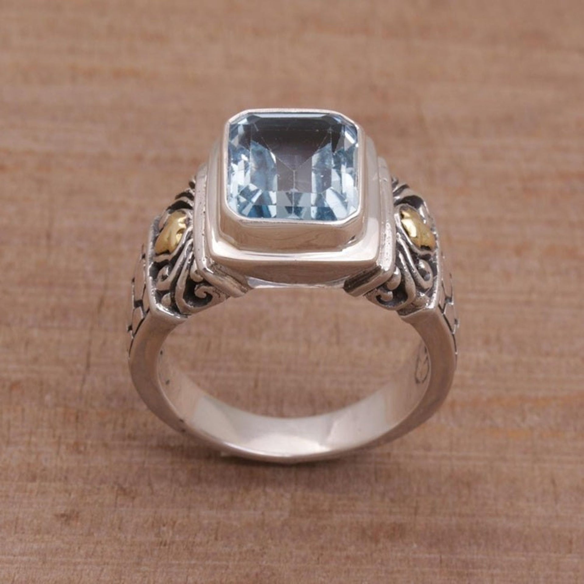 Handmade Blue Topaz Single Stone Ring with Gold Accents 'Blue Extravaganza'