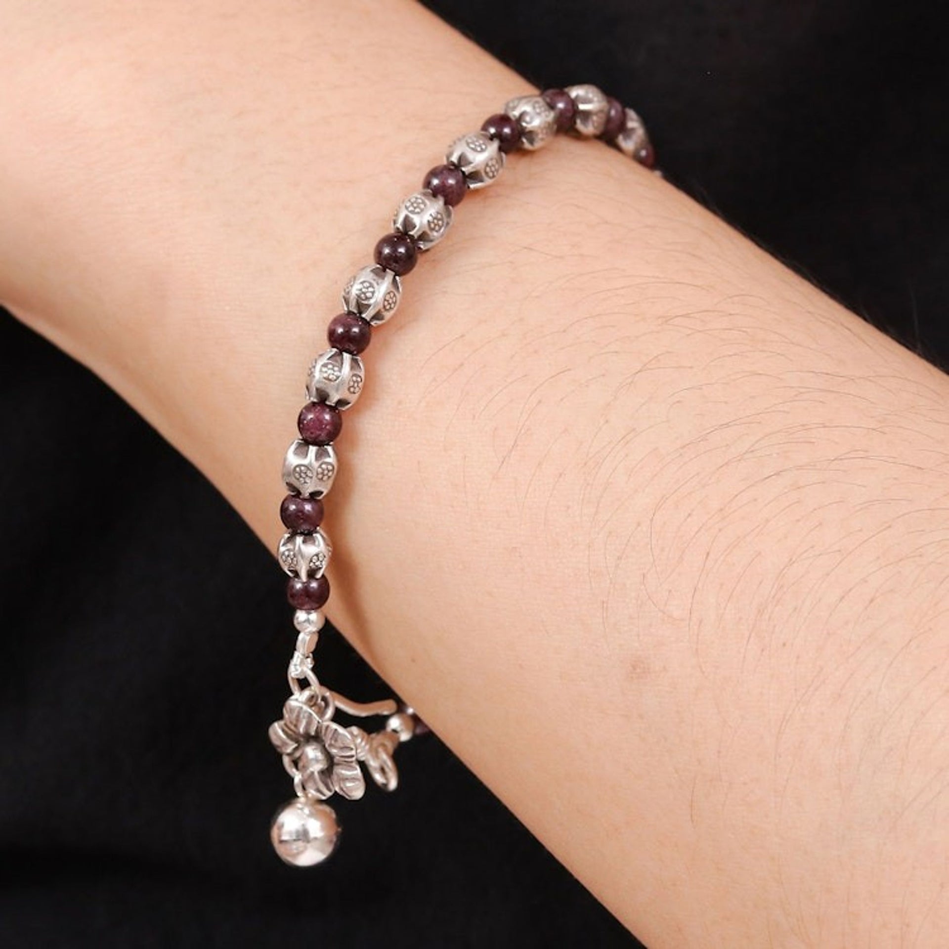 Garnet and Karen Silver Beaded Bracelet from Thailand 'Garnet Garden'