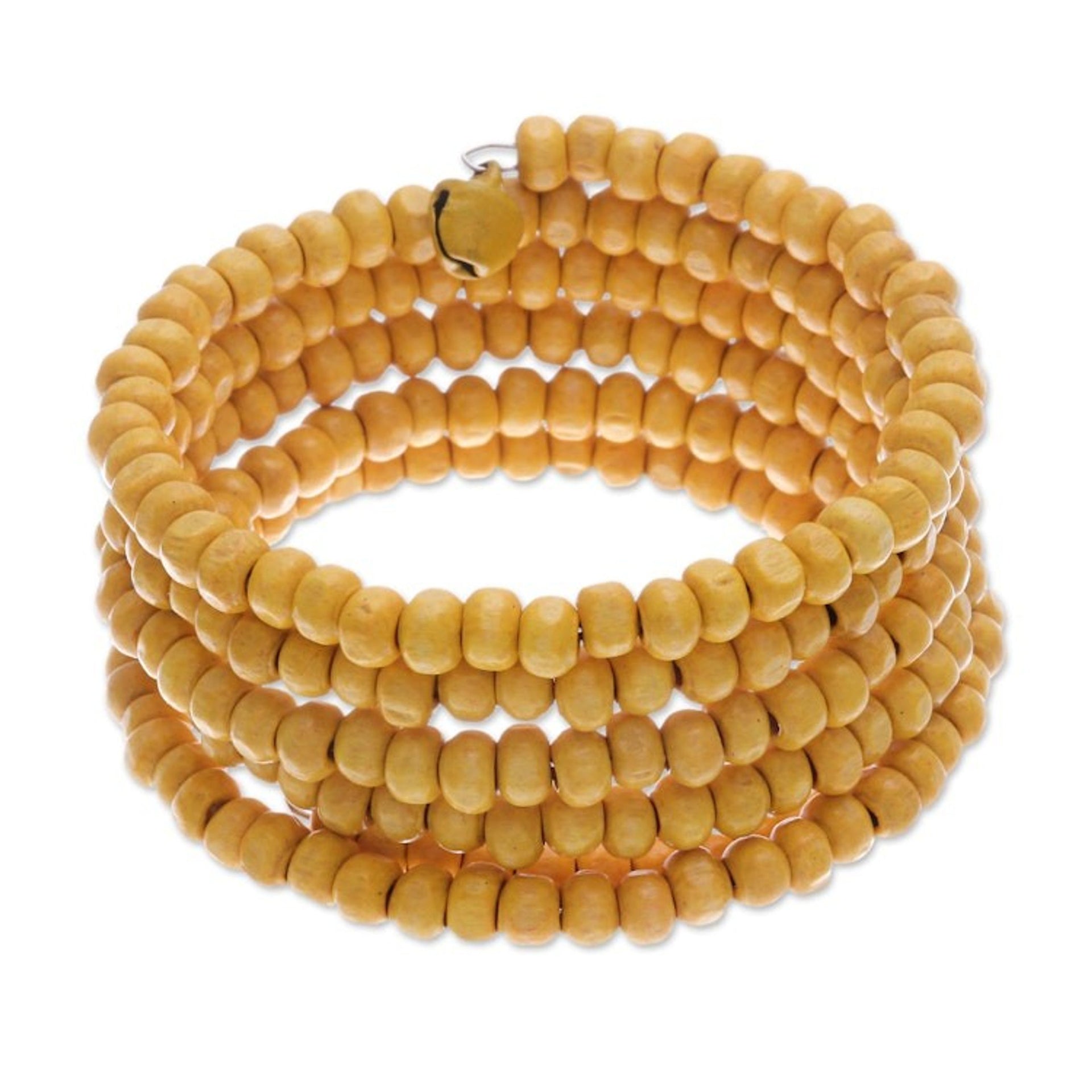 Yellow Beaded Wood Wrap Bracelet with Bells 1 In 'Sunshine Spin'
