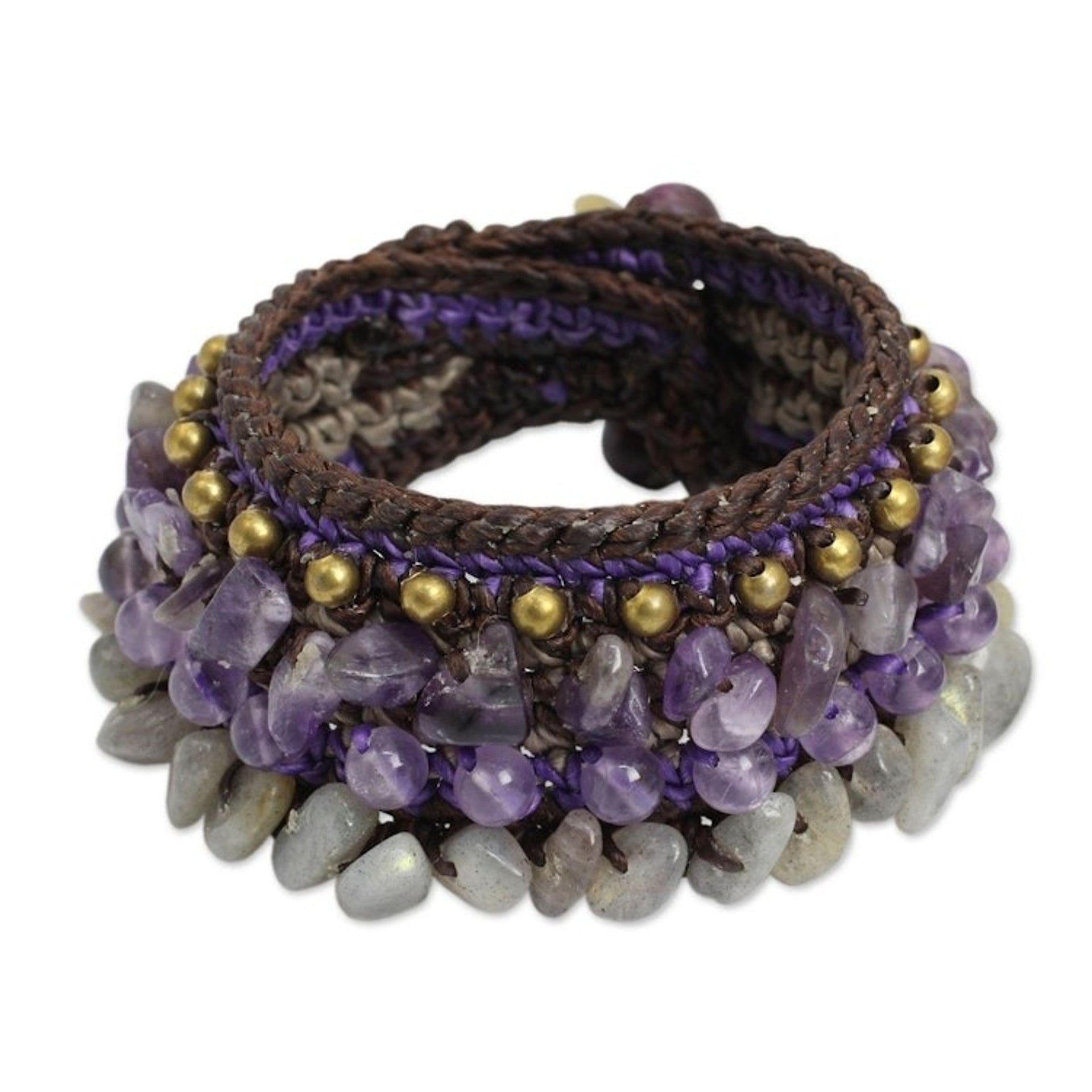 Thai Artisan Crafted Crocheted Amethyst Labradorite Bracelet 'Orchid Bower'