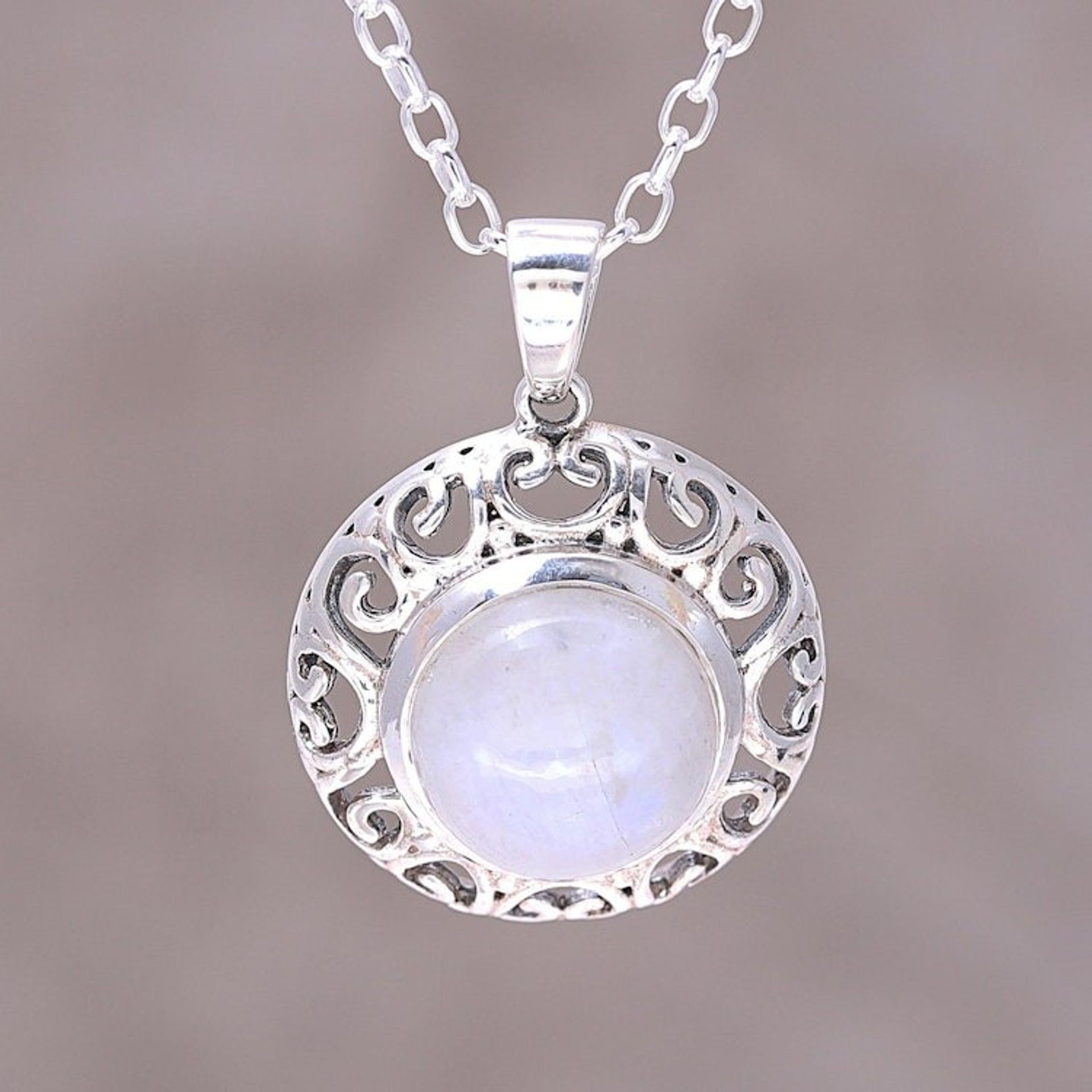 Indian Sterling Silver and Rainbow Moonstone Necklace 'Glowing Moonlight'
