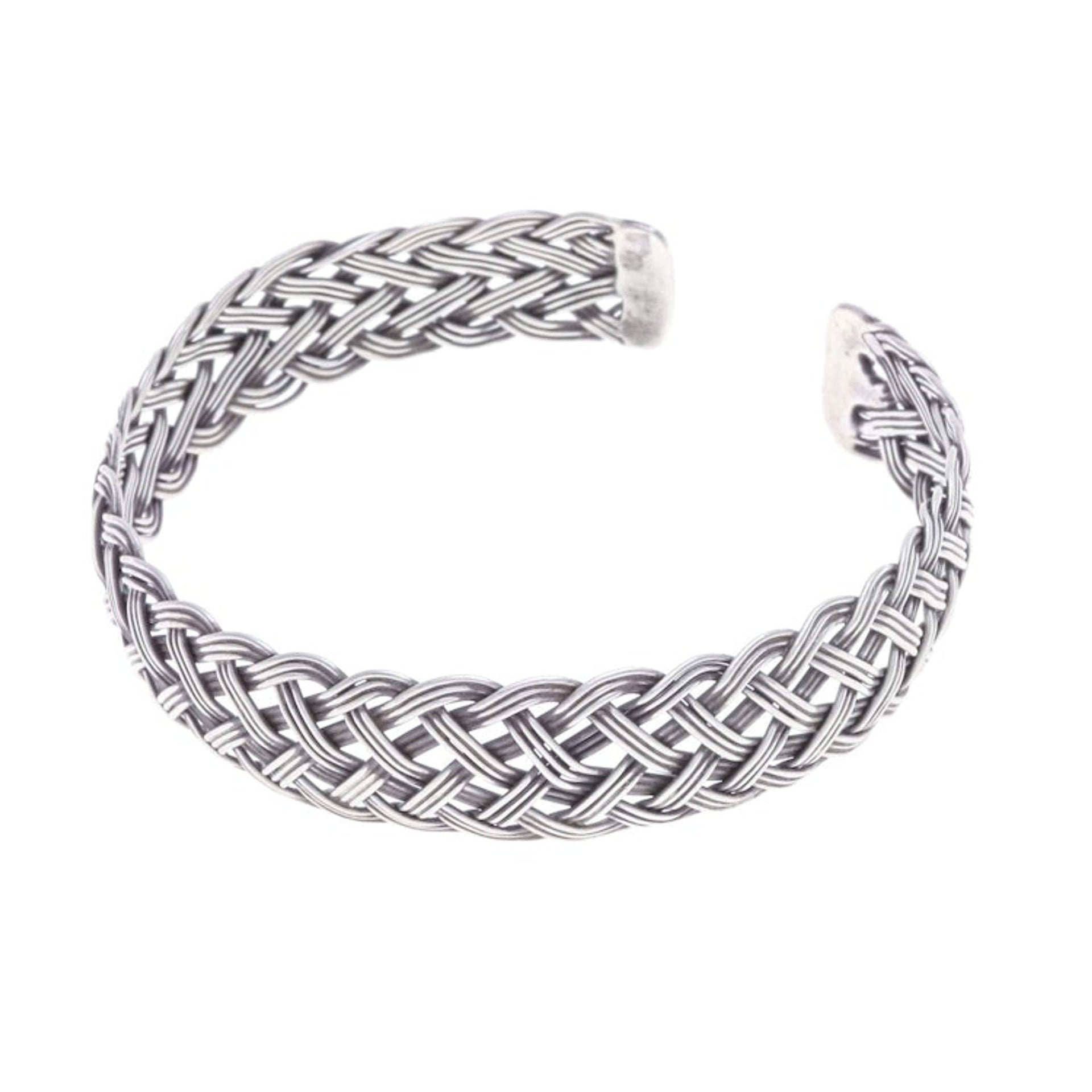 Silver Cuff Bracelet with Polished Basketweave Pattern 'Dazzling Ties'