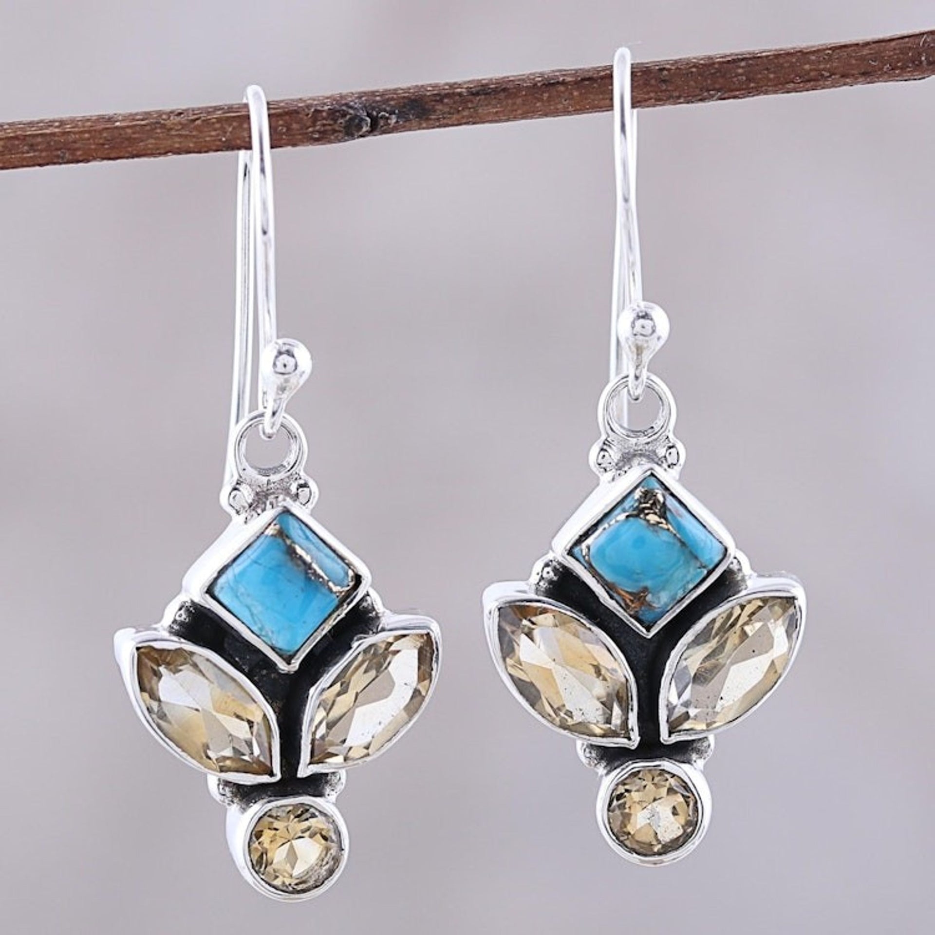 Citrine and Composite Turquoise Dangle Earrings from India 'Sparkling Unity'