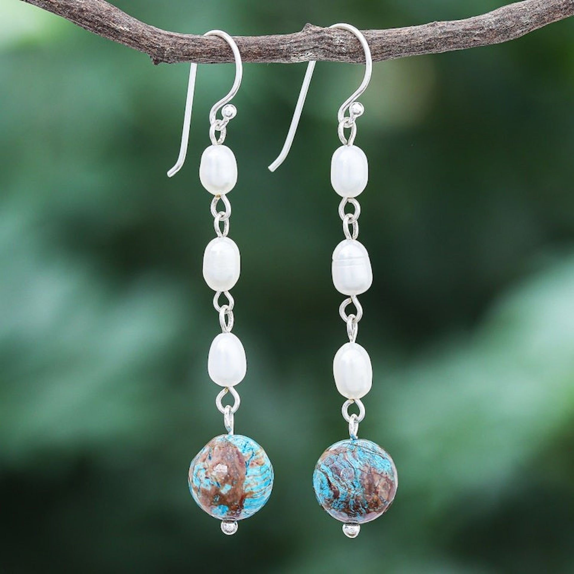 Cultured Freshwater Pearl and Jasper Dangle Earrings 'Sea Siren'