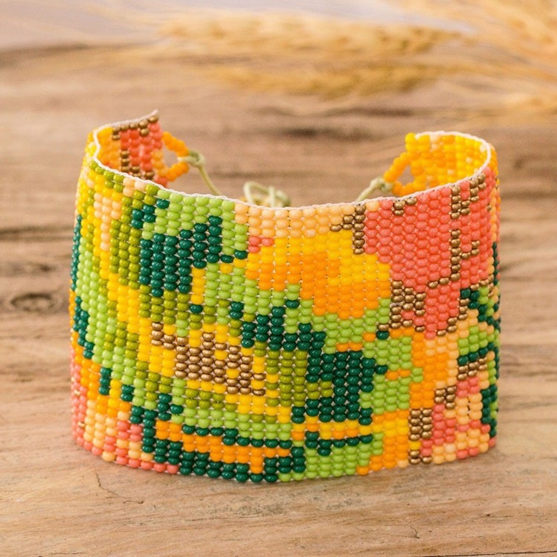 Adjustable Orange and Green Glass Beaded Wristband Bracelet 'Tropical Winds'