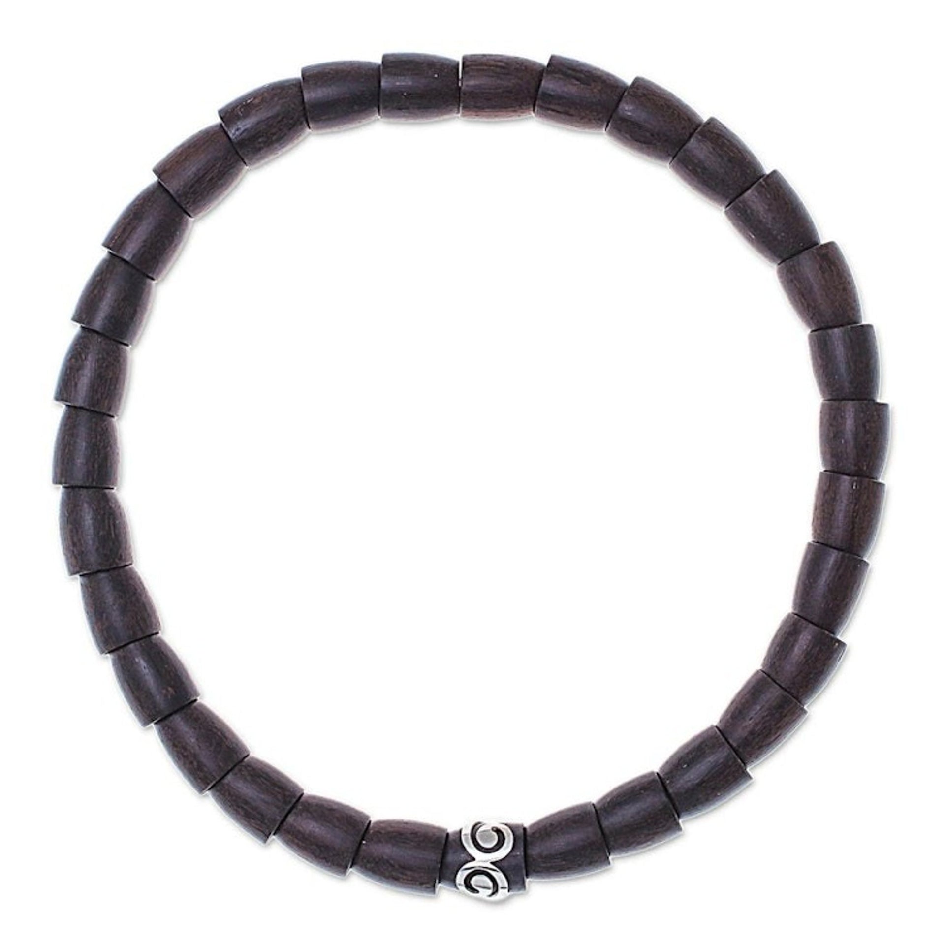 Dark Wood and Sterling Silver Beaded Stretch Necklace 'Dark Spiral Bangle'