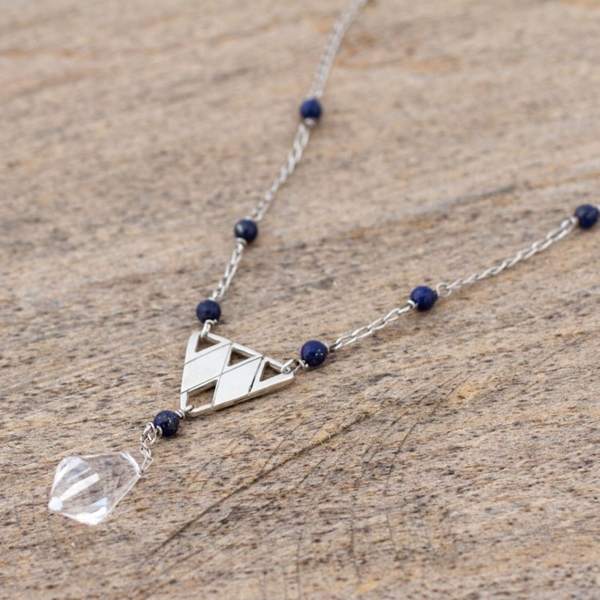 Glass Pendulum Handcrafted Silver Lapis Lazuli Necklace 'Pyramid Prism'