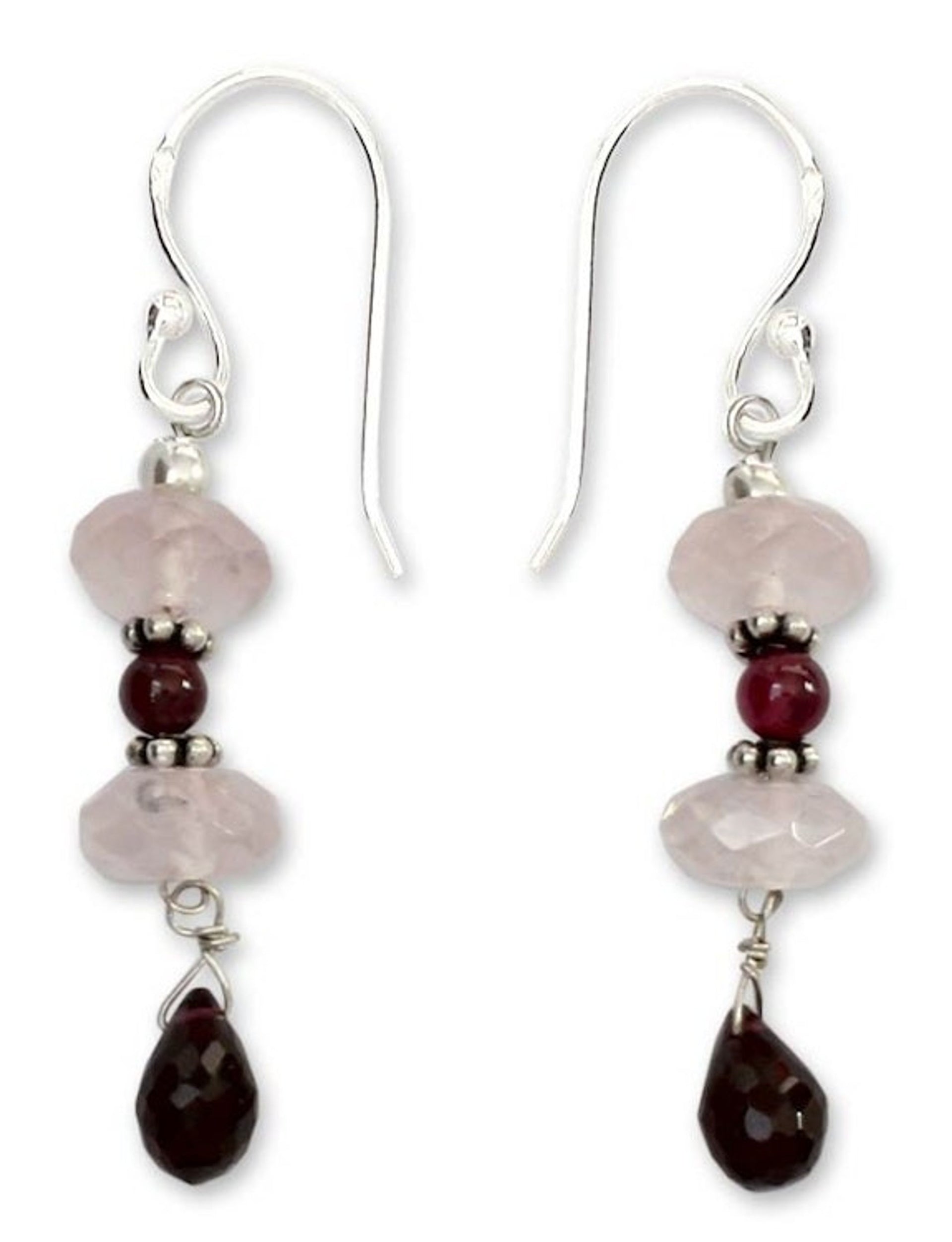Garnet and rose quartz dangle earrings 'Romancing Love'