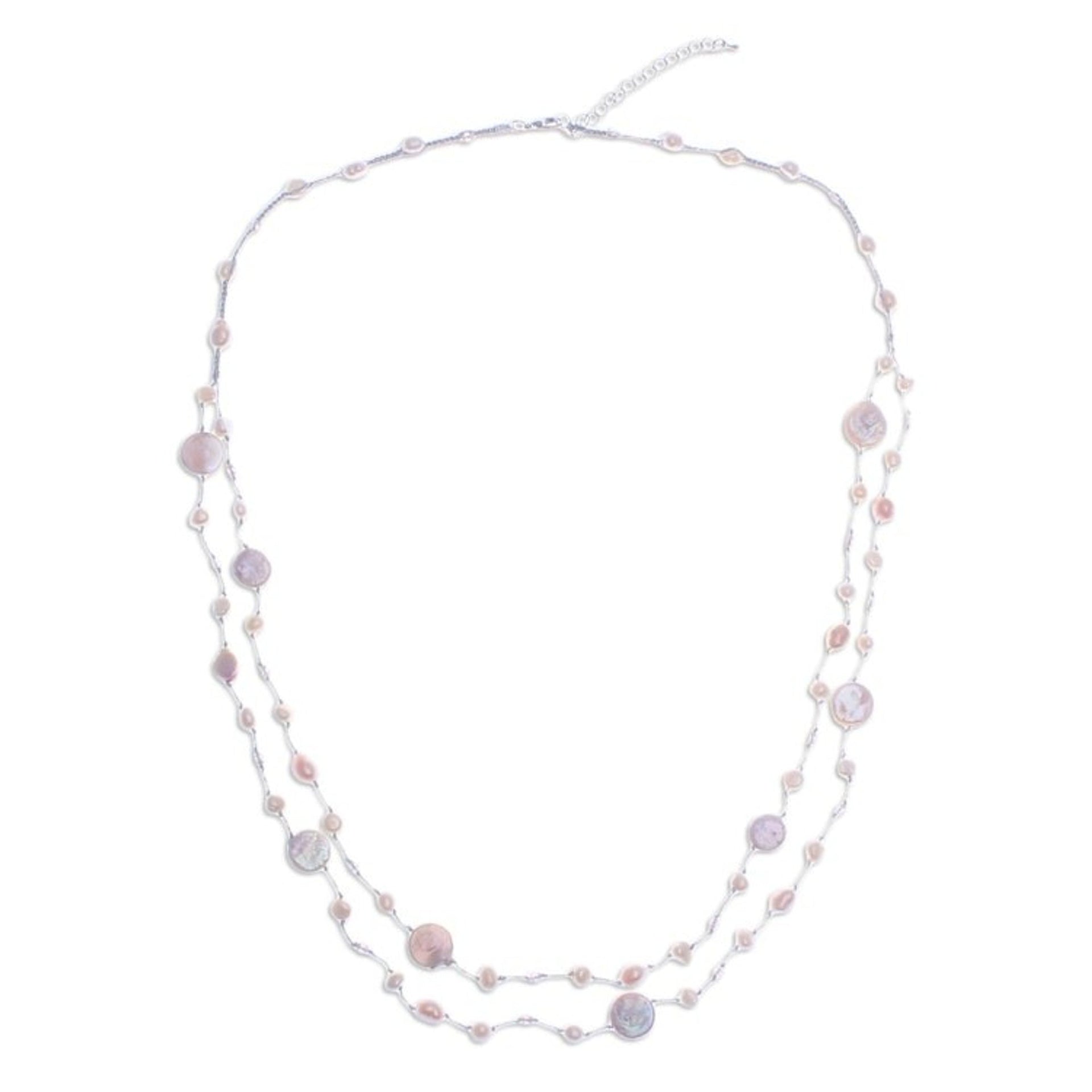 Cultured Freshwater Pearl and Glass Beaded Necklace 'Glowing Coins in Peach'