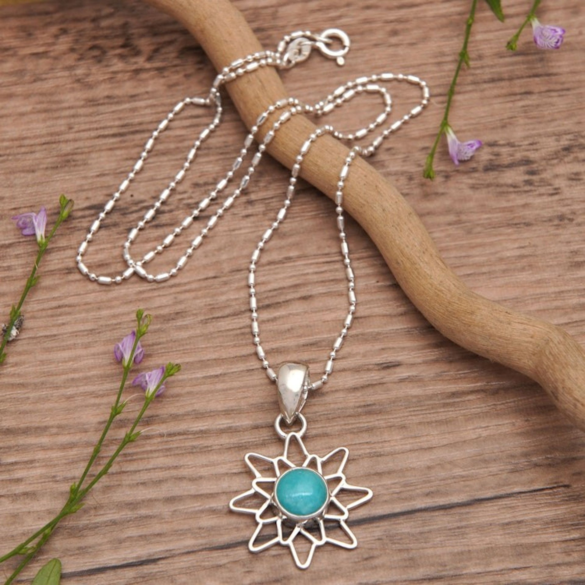 Sterling Silver Amazonite Chakra Flower Pendant Necklace 'Chakra Splendor'